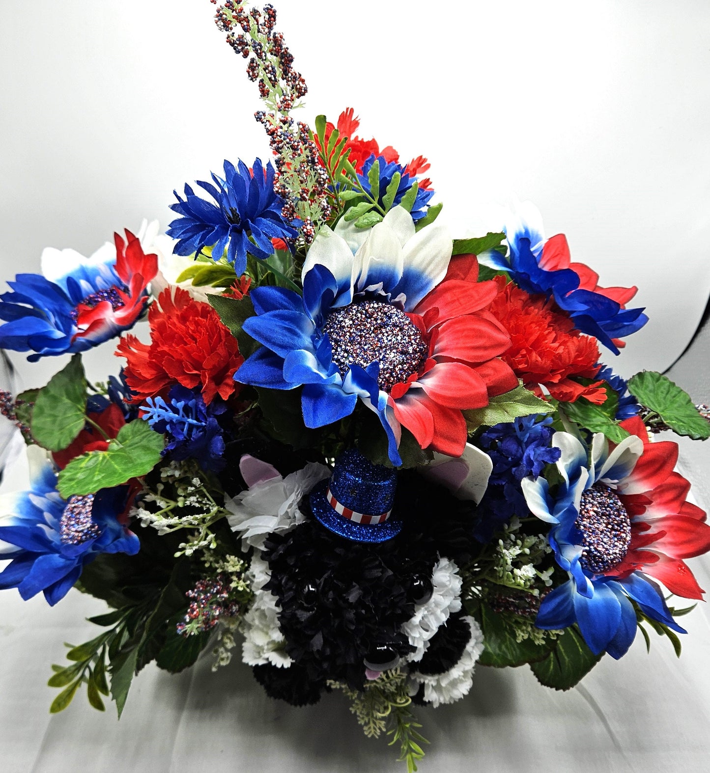 Black and White Silk Carnation Flower Dog Decor, Red/White/Blue Floral Garden, Patriotic Gift, Dog Lover Decor