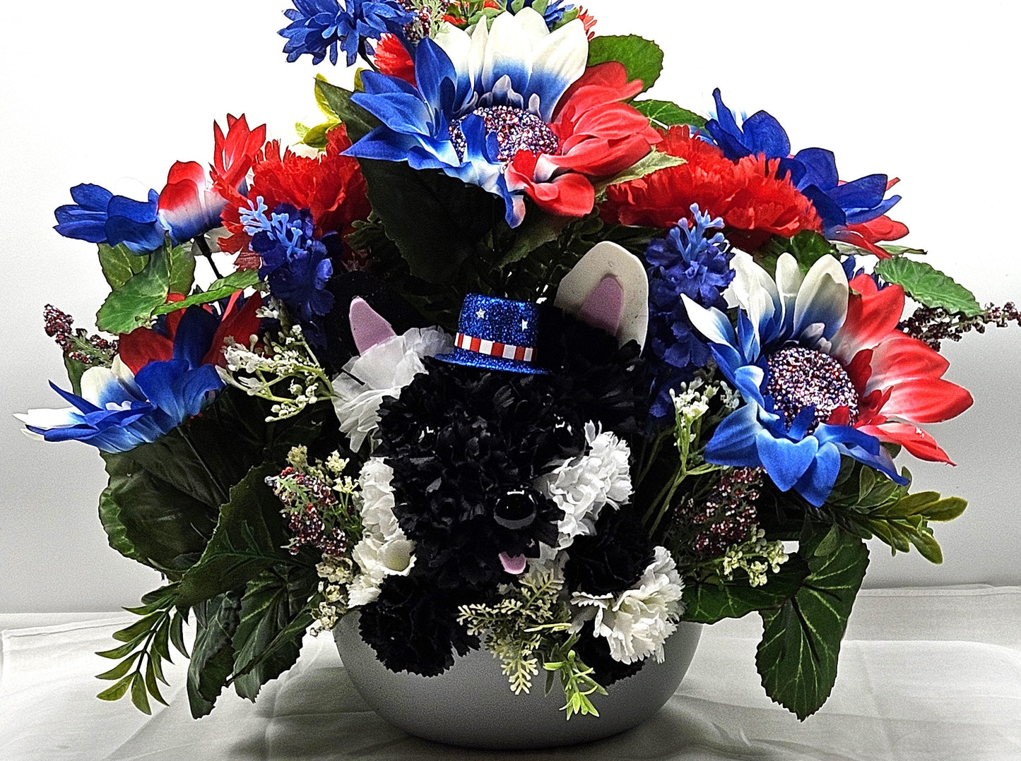 Black and White Silk Carnation Flower Dog Decor, Red/White/Blue Floral Garden, Patriotic Gift, Dog Lover Decor