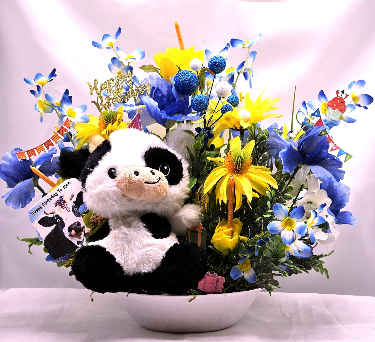Happy Birthday to "Moo" Cow Lovers Flower Arrangement, Presents/Candles/Balloons/Birthday Sentiments, Blue/Yellow Flowers, Can Personalize