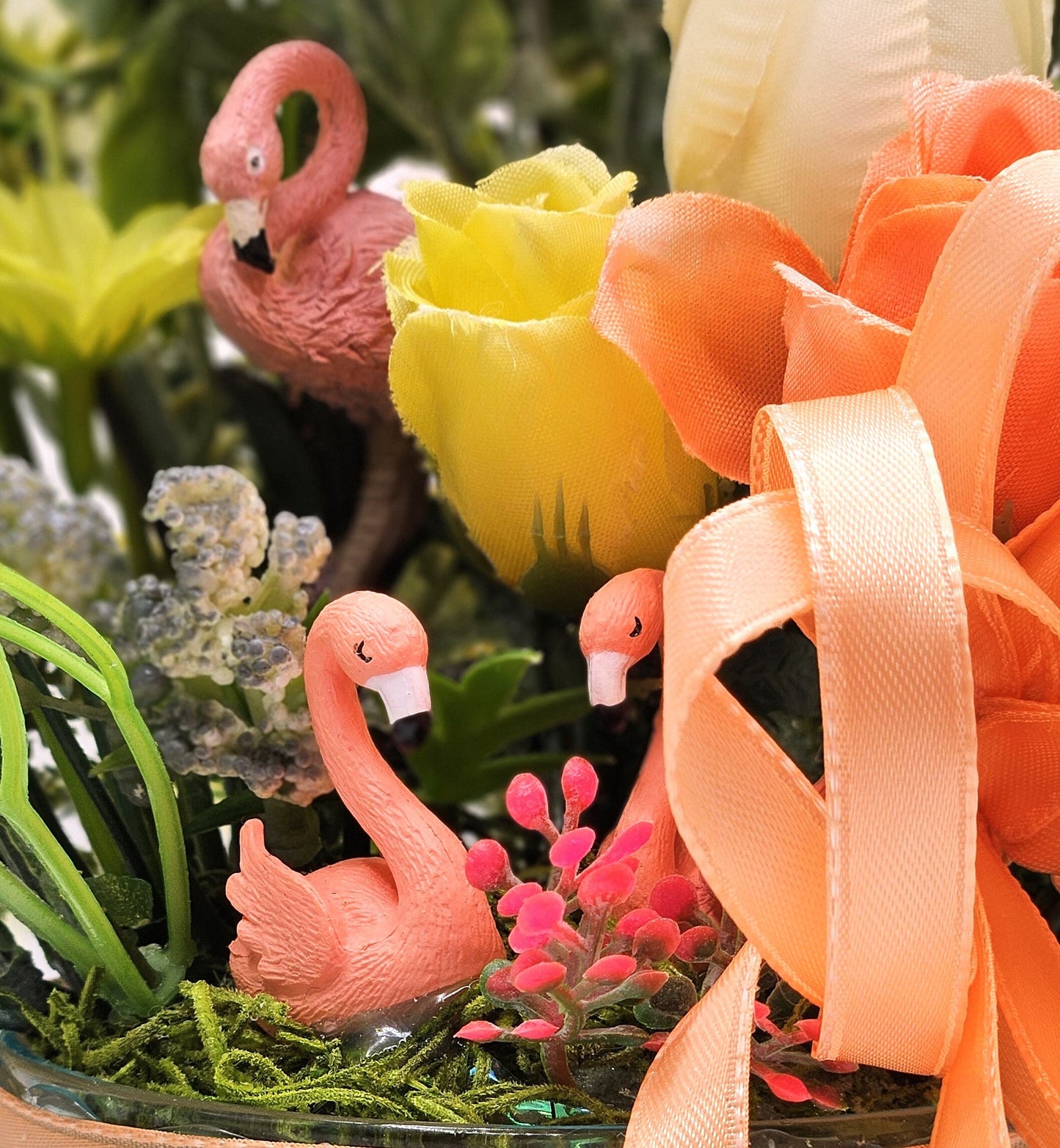 Flamingos Set in Blue Ribbon Deco Glass with Peach/Yellow/cream Colored Flowers/ Peach Bow, Flamingo Lover Gift, Gift for Her, Animal Lover