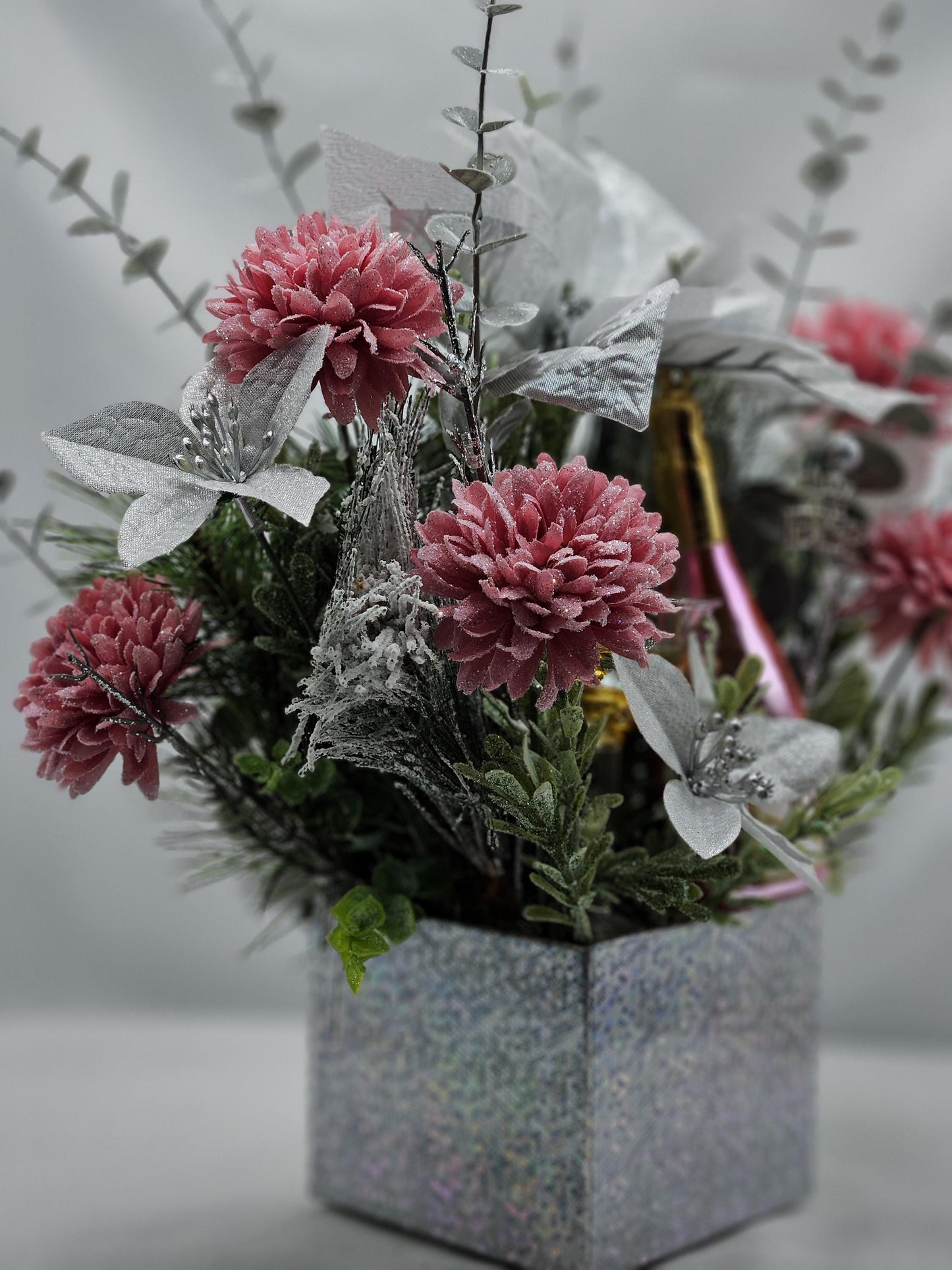 Congratulatory Arrangement in Bright Silver, New Year Champagne Toast/sparkly Silver Flowers/Accents in Silver Box/Cheers in 2025