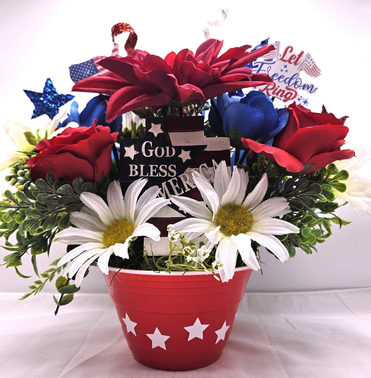 Patriotic Flower Arrangements, Red White Blue Flowers, God Bless America Sign, Celebrate America Decor
