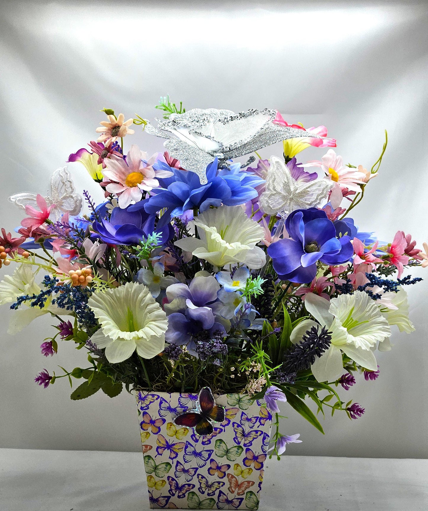 Butterflies and Flowers in a Decorated Box which Features Large Silver Butterfly and Smaller Accents, Butterfly Lover Gift, Butterfly Decor