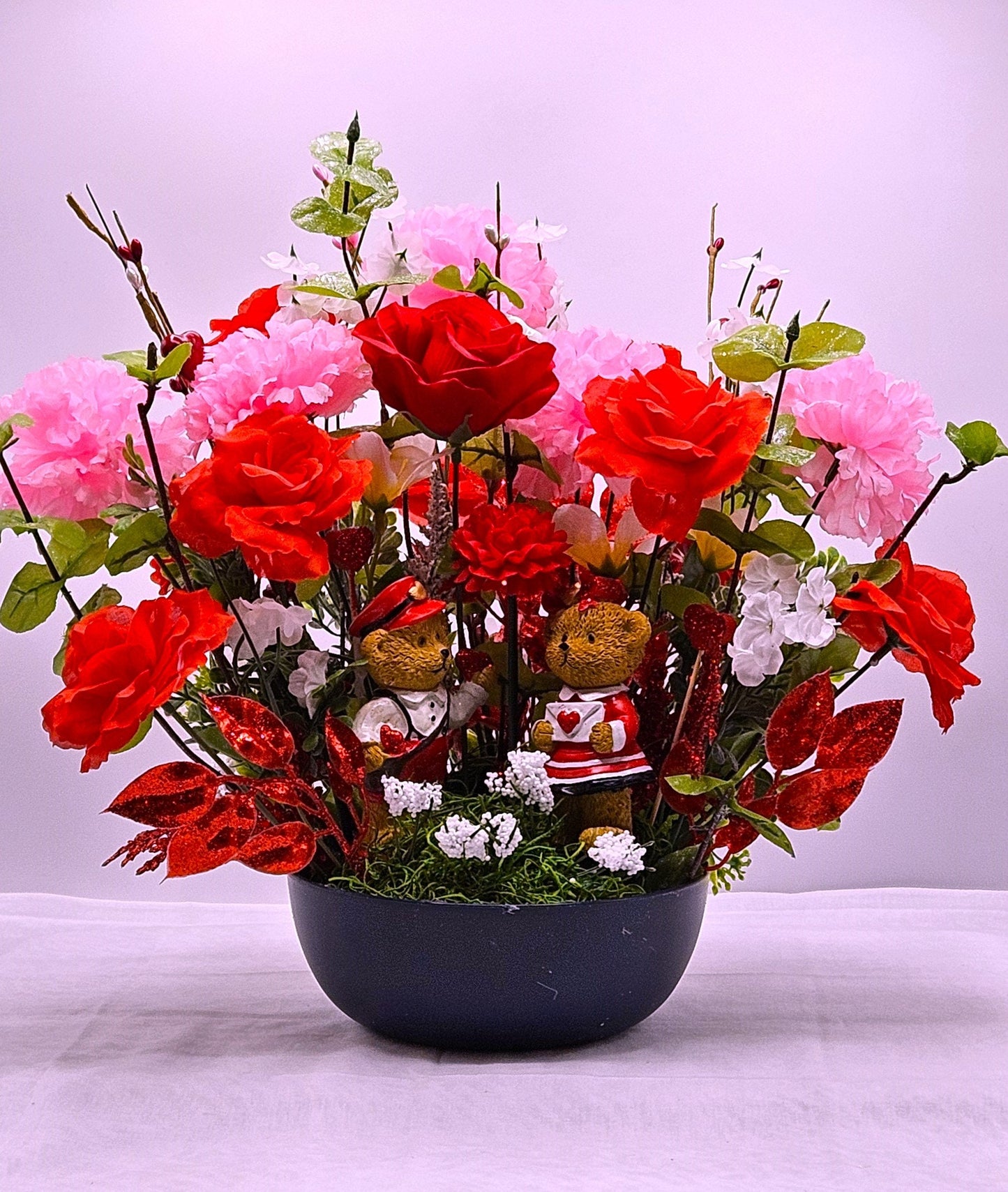 Romantic Centerpiece Sweetheart Bears, Bear Figures with Red Roses, Pink Carnations, Valentine's Gift