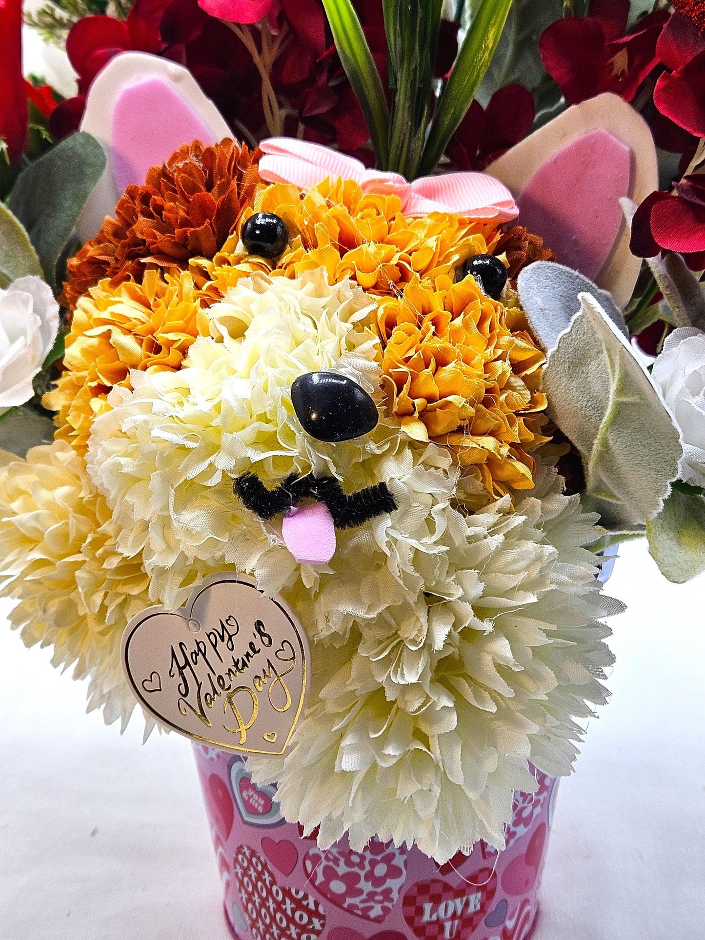 Handmade Carnation Mum Dog in Rose Garden, Red Roses, Greenery, Hearts, Romantic Gift, Dog Lover, Sweetheart