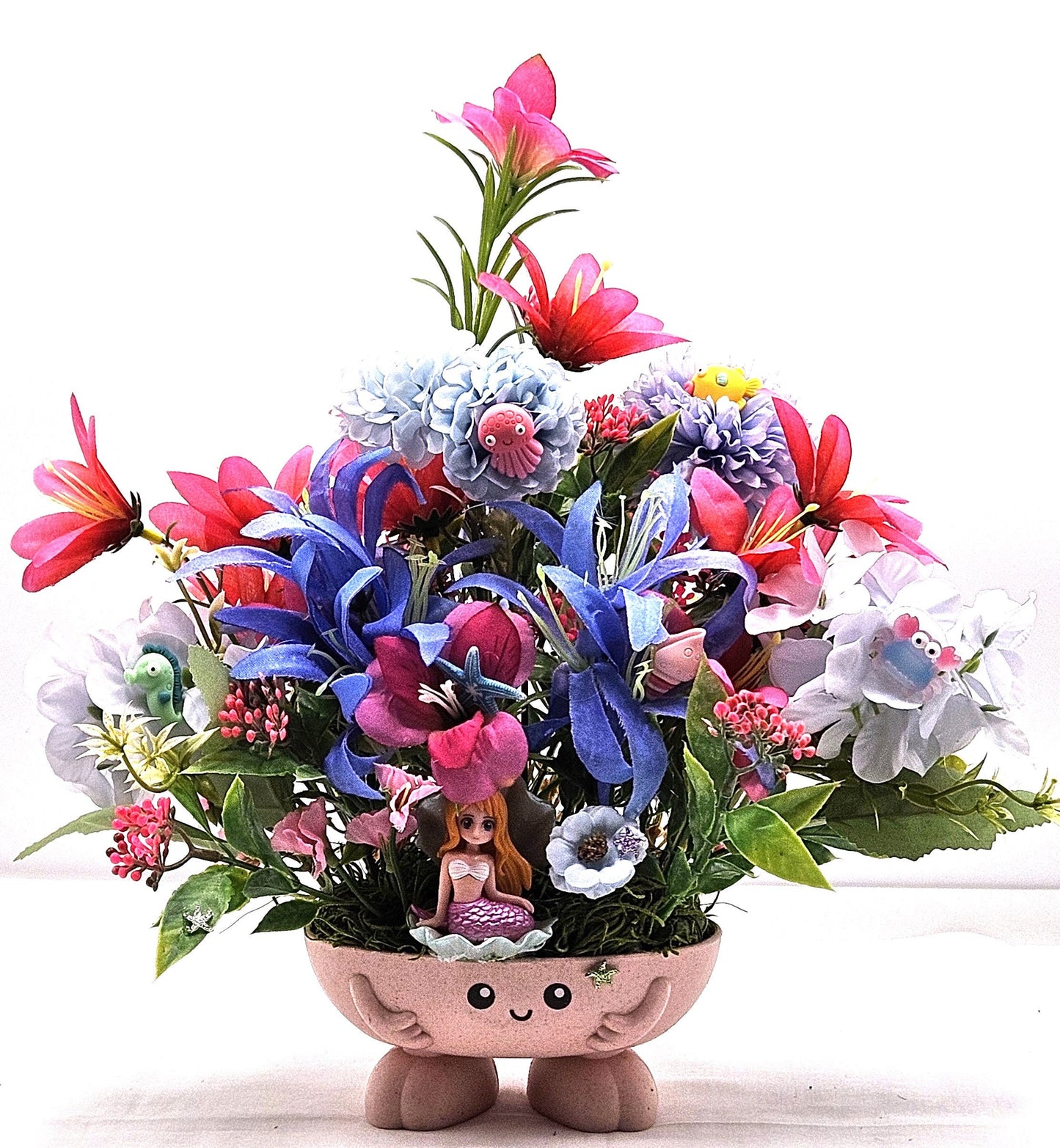 Tropical Mermaid Floral Arrangements, 2 Options, Pink/Blue or Yellow/Blue Multi Color Themes, Whimsical Cute Mermaids and Other Sea Life