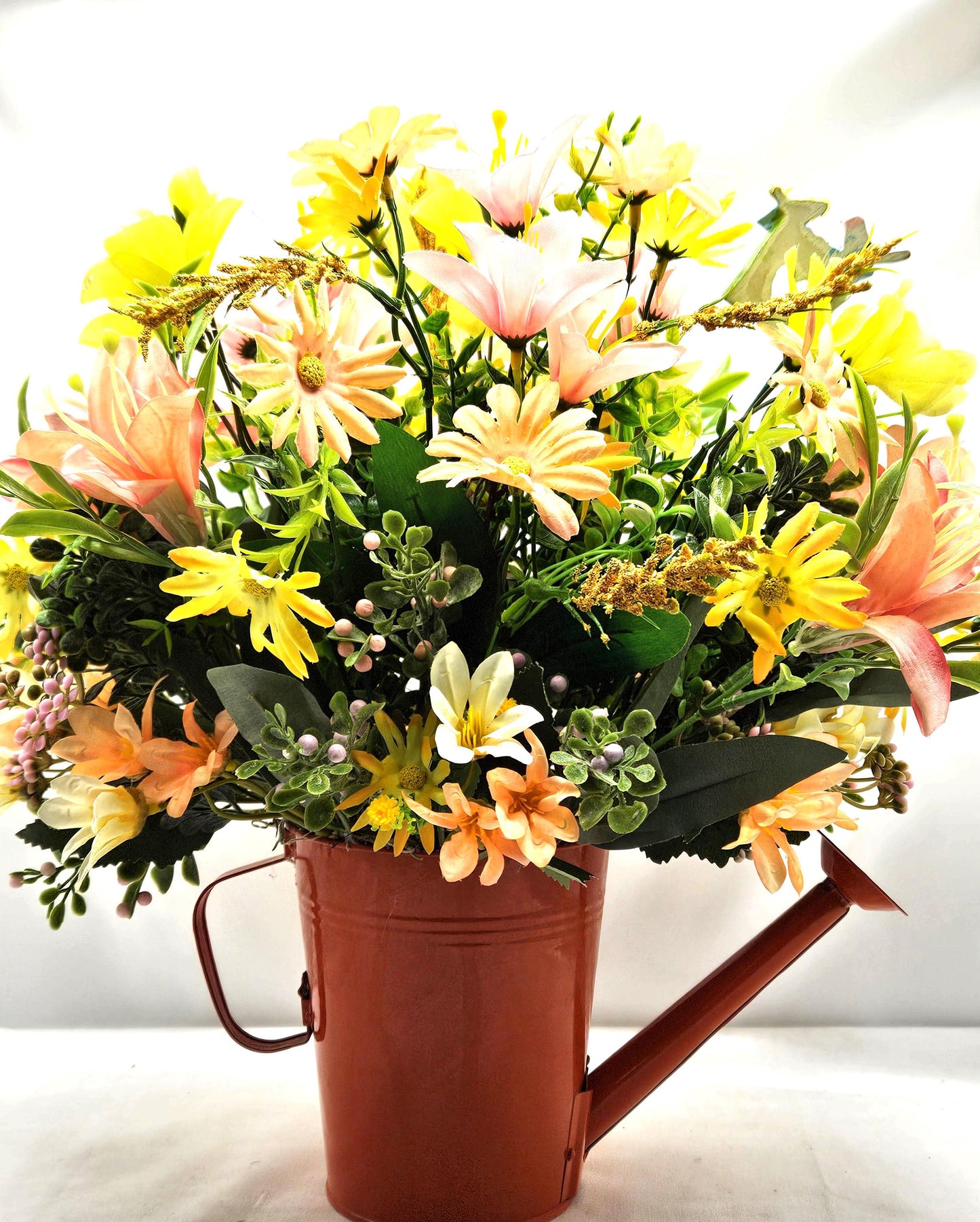 For the bird lover, Spring/Summer Floral Arrangement Set in Orange Watering Can w/Birds Atop Mushrooms/Other Bird Accents/Colorful Flowers