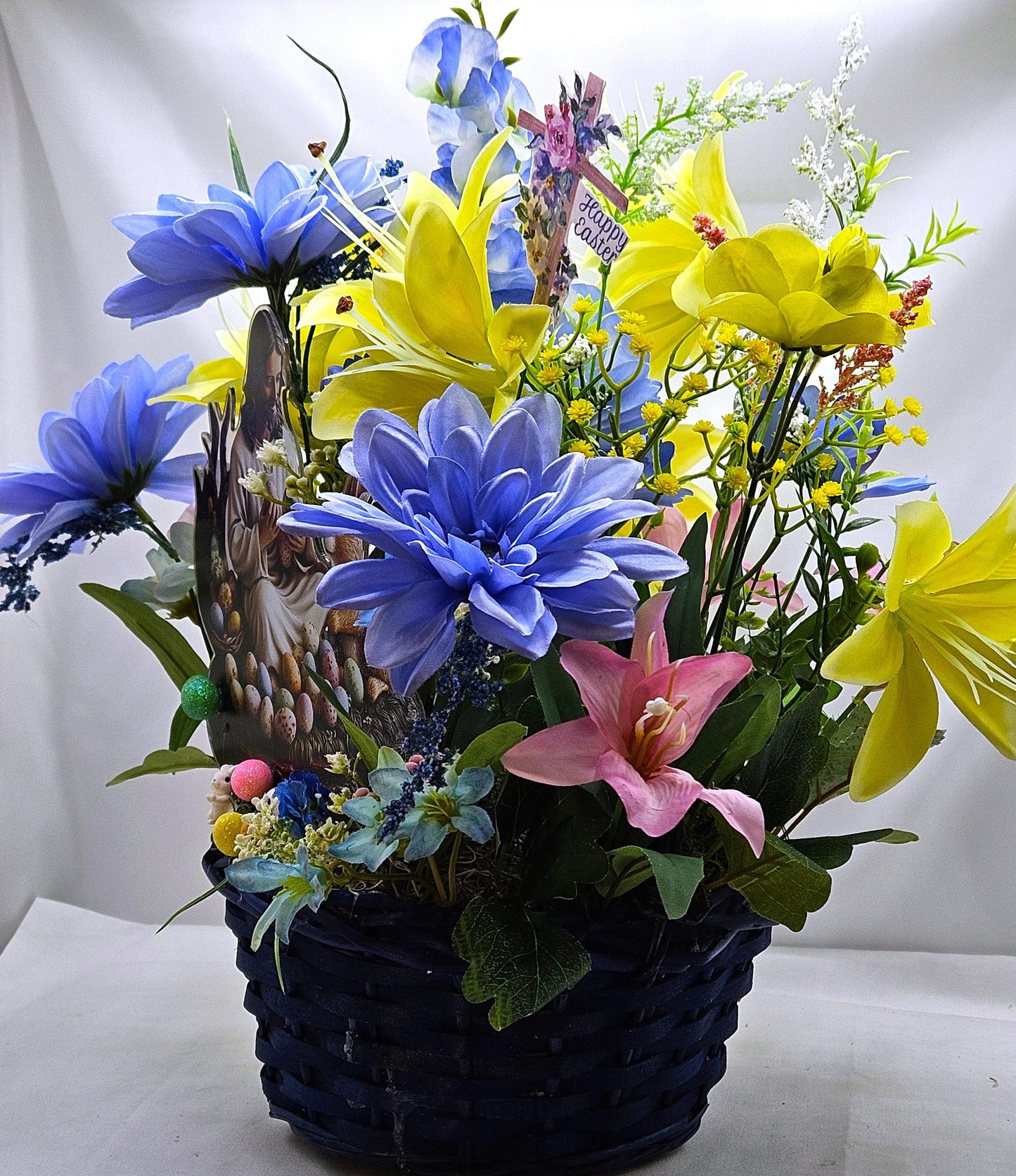 Jesus Sitting with Bunny in Easter Egg Garden and Blue/Yellow Spring Flowers/Other Egg and Bunny Accents, Happy Easter Sign