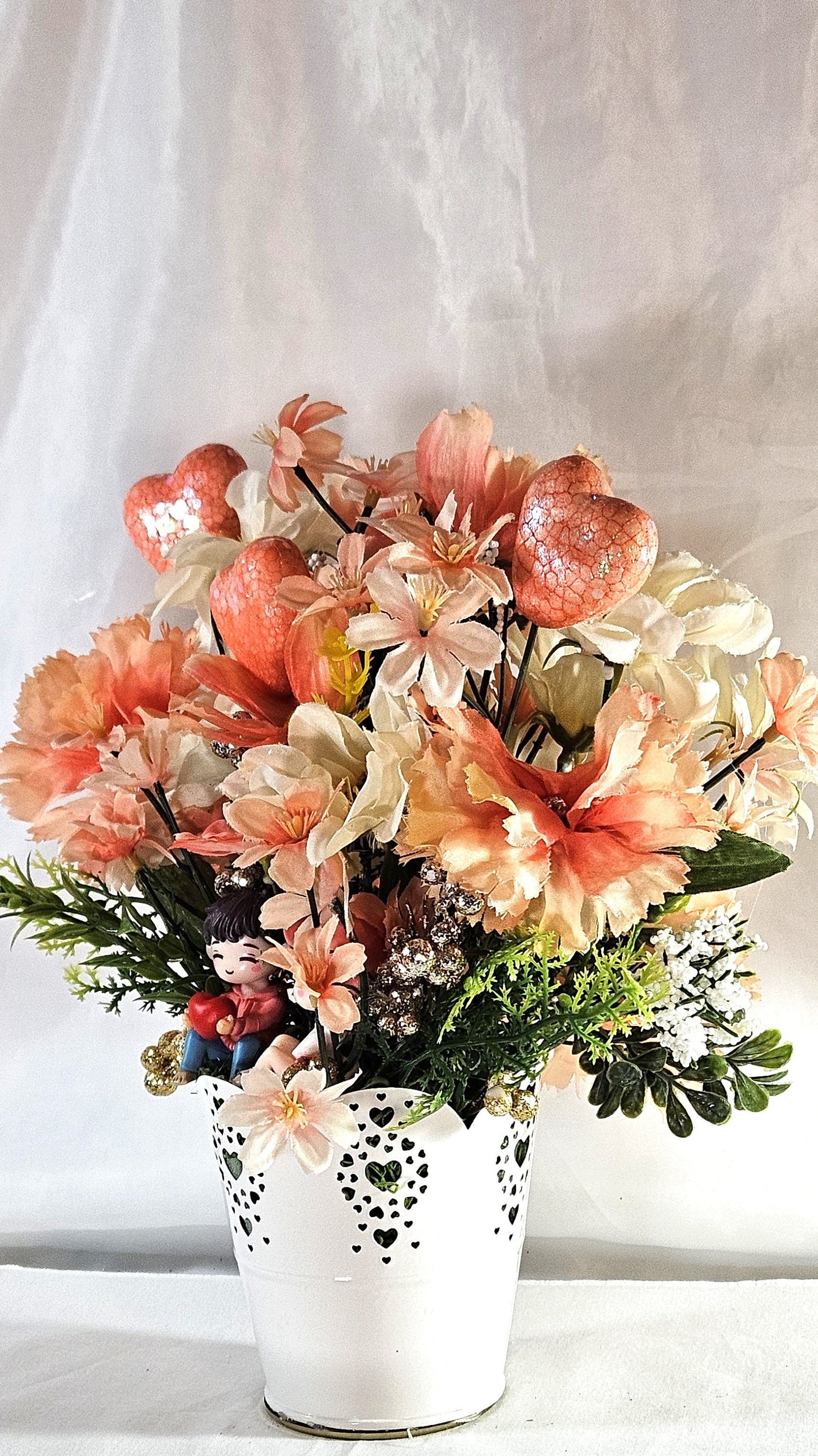 Romantic Centerpiece, Peach Flower Arrangement, Sweetheart Couple, Love Flower Arrangement