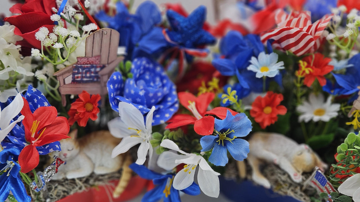 Patriotic Cat Floral Arrangement – Belly-Up Kitten or Lying Cat in Star Dish with Red White Blue Flowers
