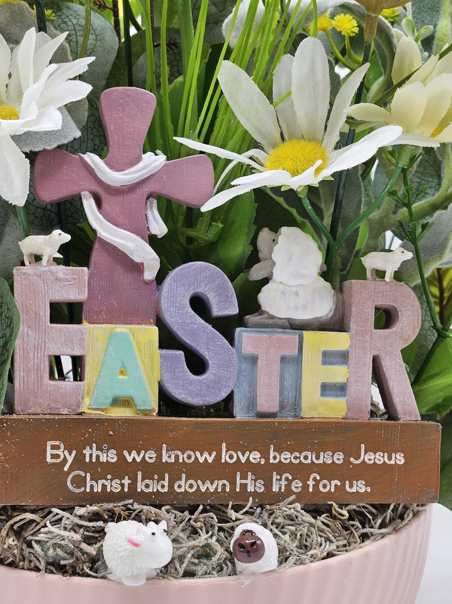 Easter Cross Floral "By This We Know Love Because Jesus Christ Laid Down His Life For Us" Quote/Sheep/Blue/Yellow/Greenery/Happy Easter