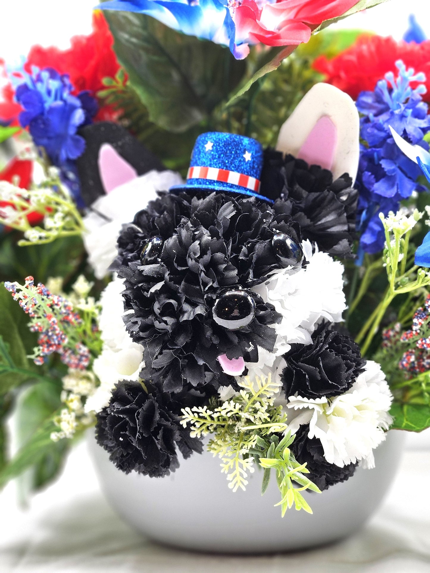Black and White Silk Carnation Flower Dog Decor, Red/White/Blue Floral Garden, Patriotic Gift, Dog Lover Decor
