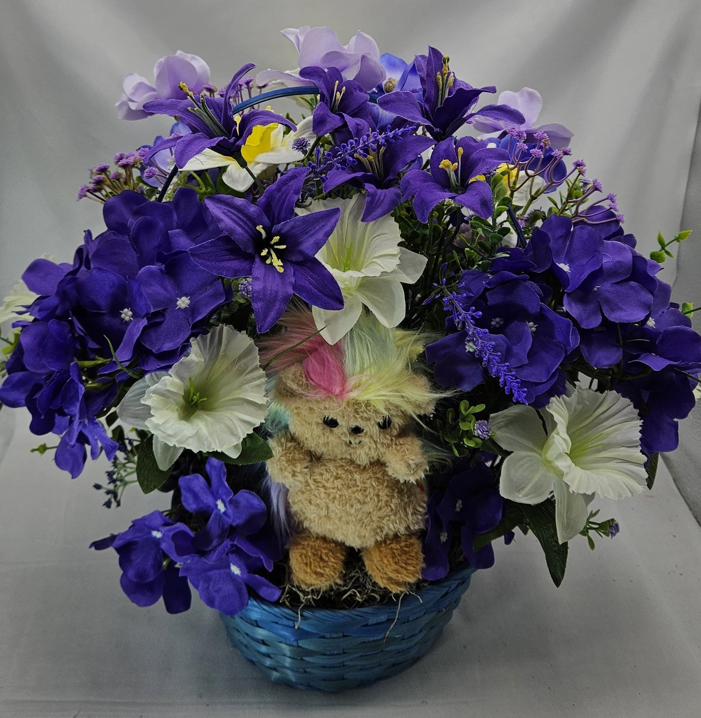 Purple Floral Centerpiece w/cute Stuffed Animal in Front of Lovely purple and white flowers, Great for Housewarming/Birthday/Thinking of You