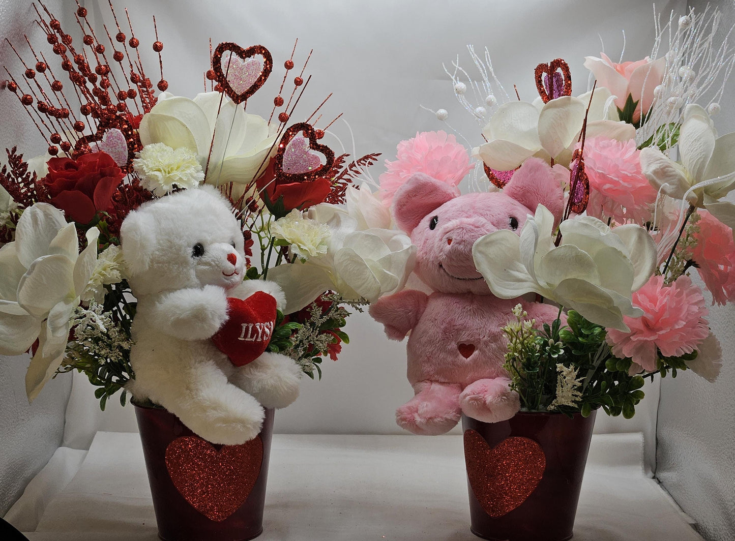 Love Teddy Bear or Flying Pig Floral Centerpiece, Roses Carnations Magnolias, Glittery Hearts, Home Decor, VALENTINE