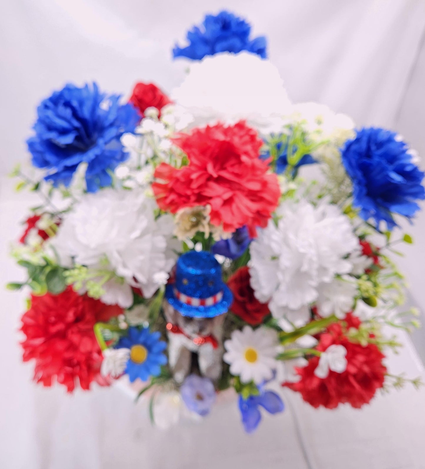 Patriotic Flower Arrangement, Heart-Shaped Dish, Red White Blue Flowers, Patriotic Decor, Celebrative Gift