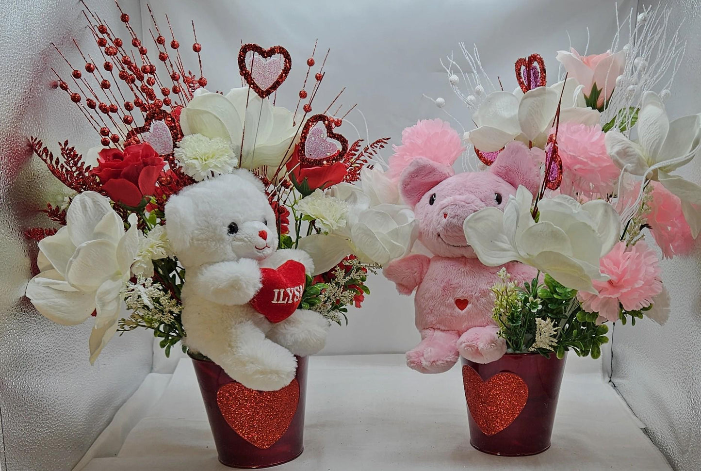 Love Teddy Bear or Flying Pig Floral Centerpiece, Roses Carnations Magnolias, Glittery Hearts, Home Decor, VALENTINE