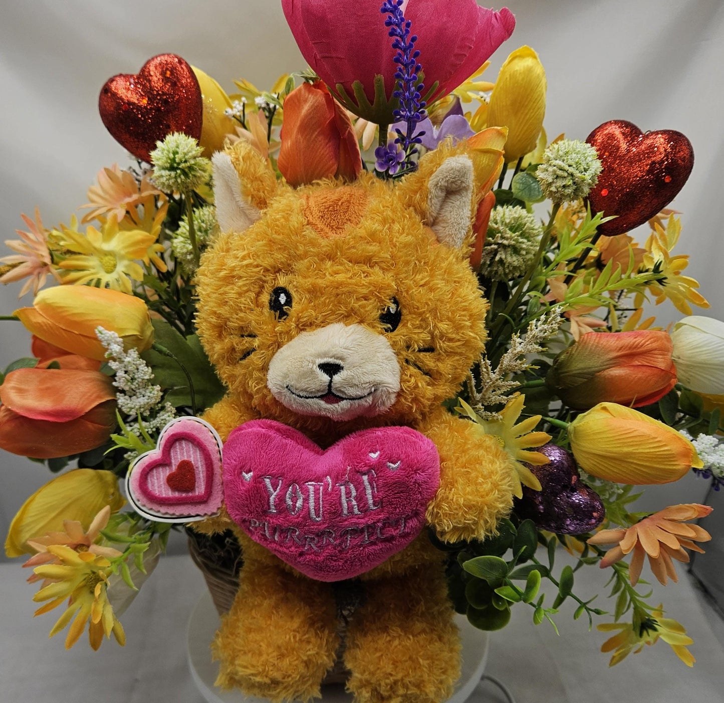 Happy Romantic Kitty with Heart saying "You're Purrfect"sitting in a Wildflower/Tulip Garden, Big Red Hearts/Happy Valentines Day Sign/Gift
