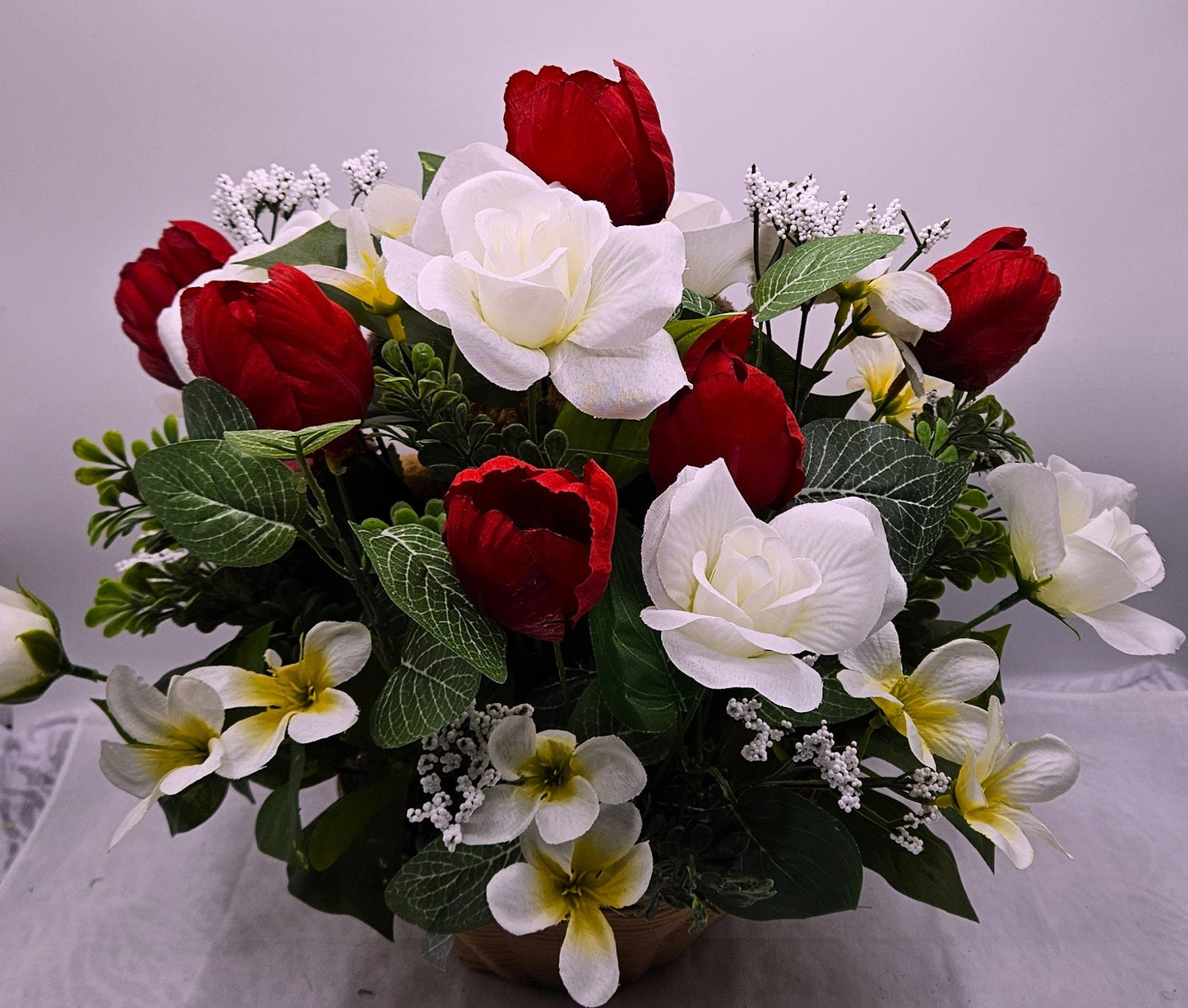 Romantic 'I Wuff You' Flower Arrangement, Red Tulips Bouquet, Cute Pup Floral Display, White Roses, Heart Accents