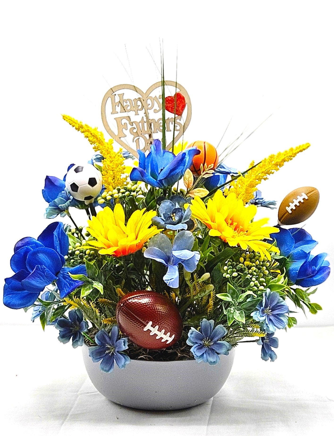 Father's Day Sports Themed Gift - Gray Dish with Wildflowers & Football/Soccer/Basketball - Unique Dad Gift Any Occasion