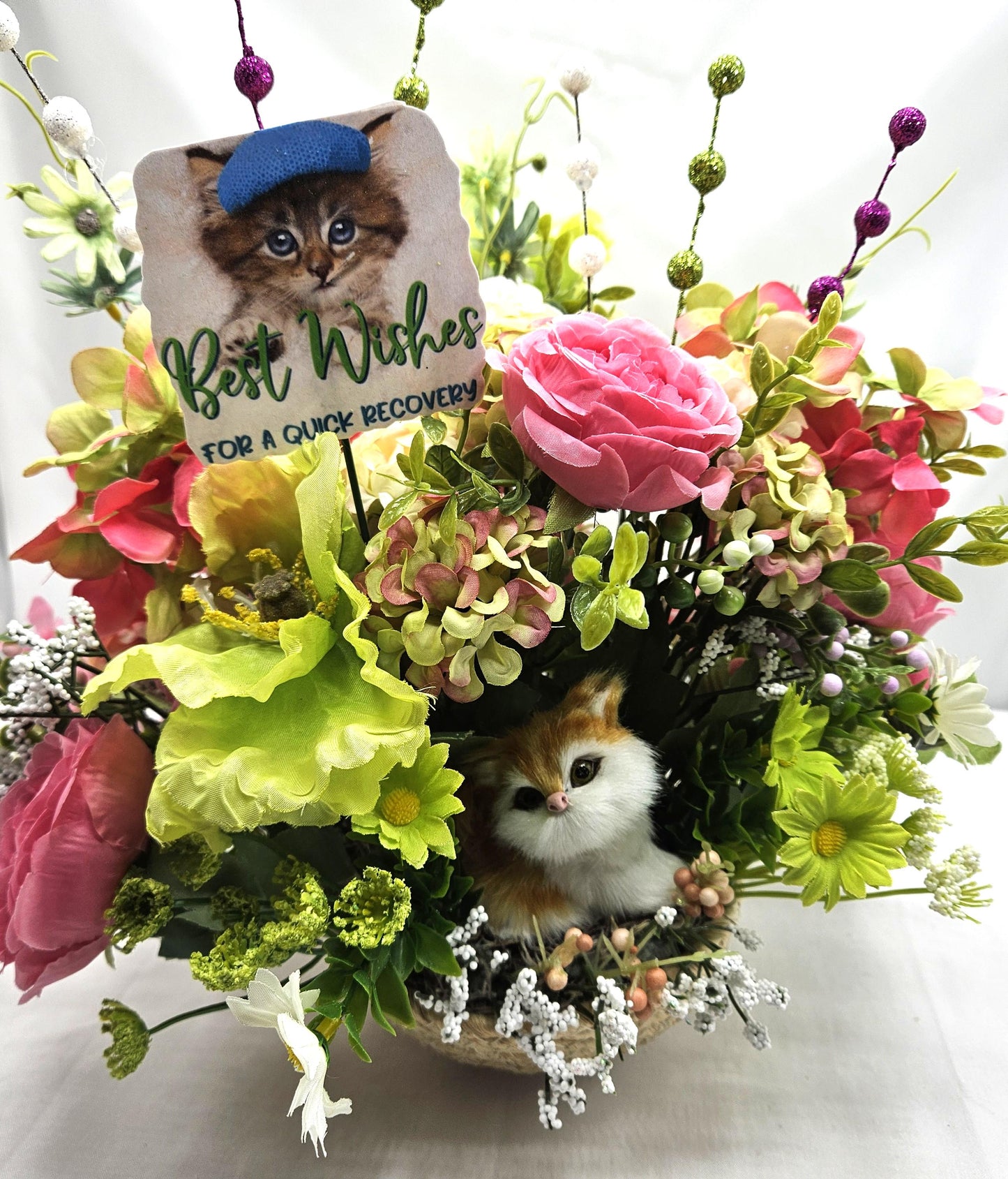 Get Well/Feel Better Floral Arrangements, 2 Options, Cute Fox Theme/Pink/Blue Florals Or Fluffy Cat Theme/Pink/Green Florals/Glitter/Signs