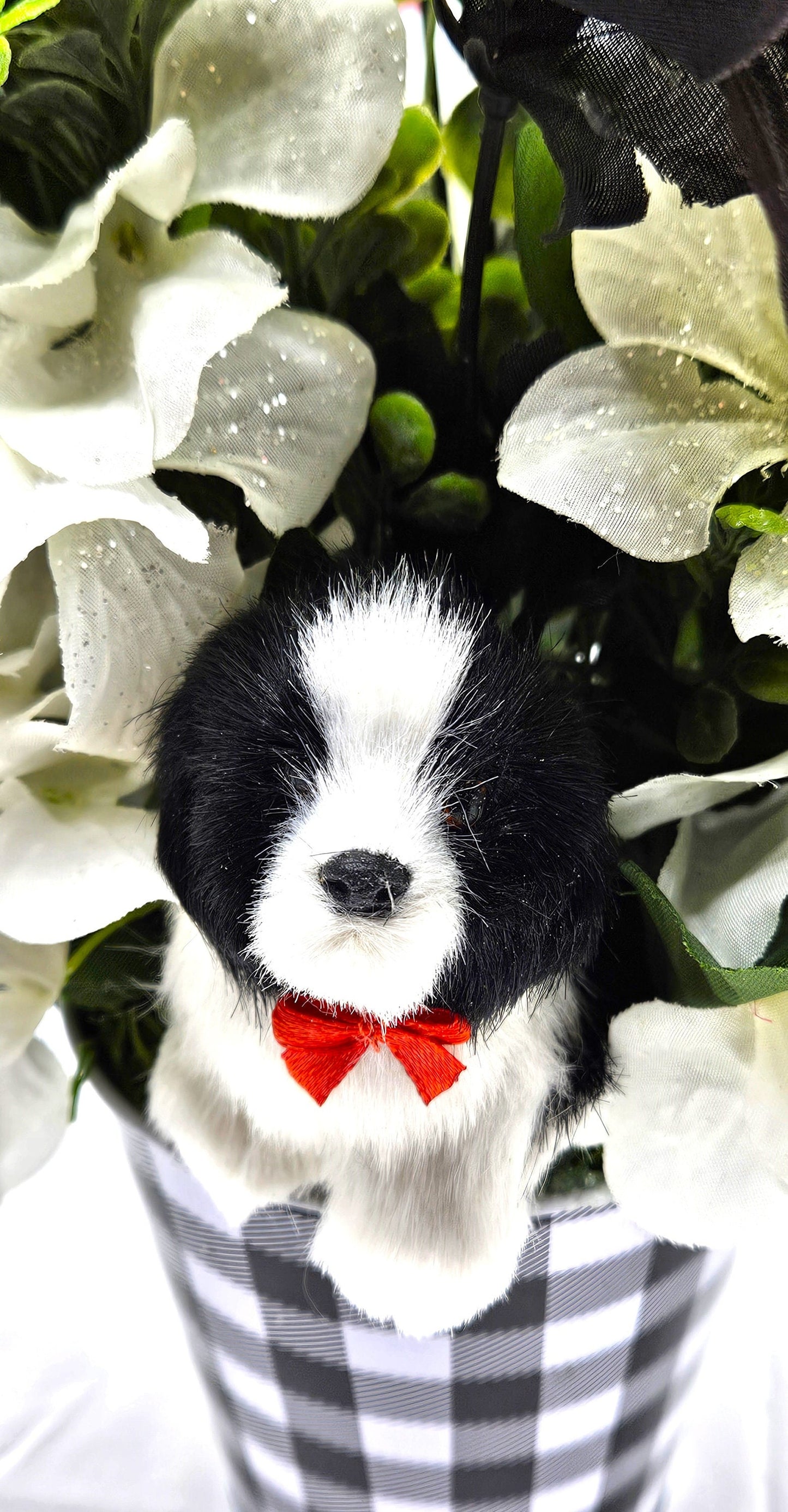 Unique Dog Enriched Black and White Floral Decor with Touch of Pink and Yellow in Black and White Checkered Pot