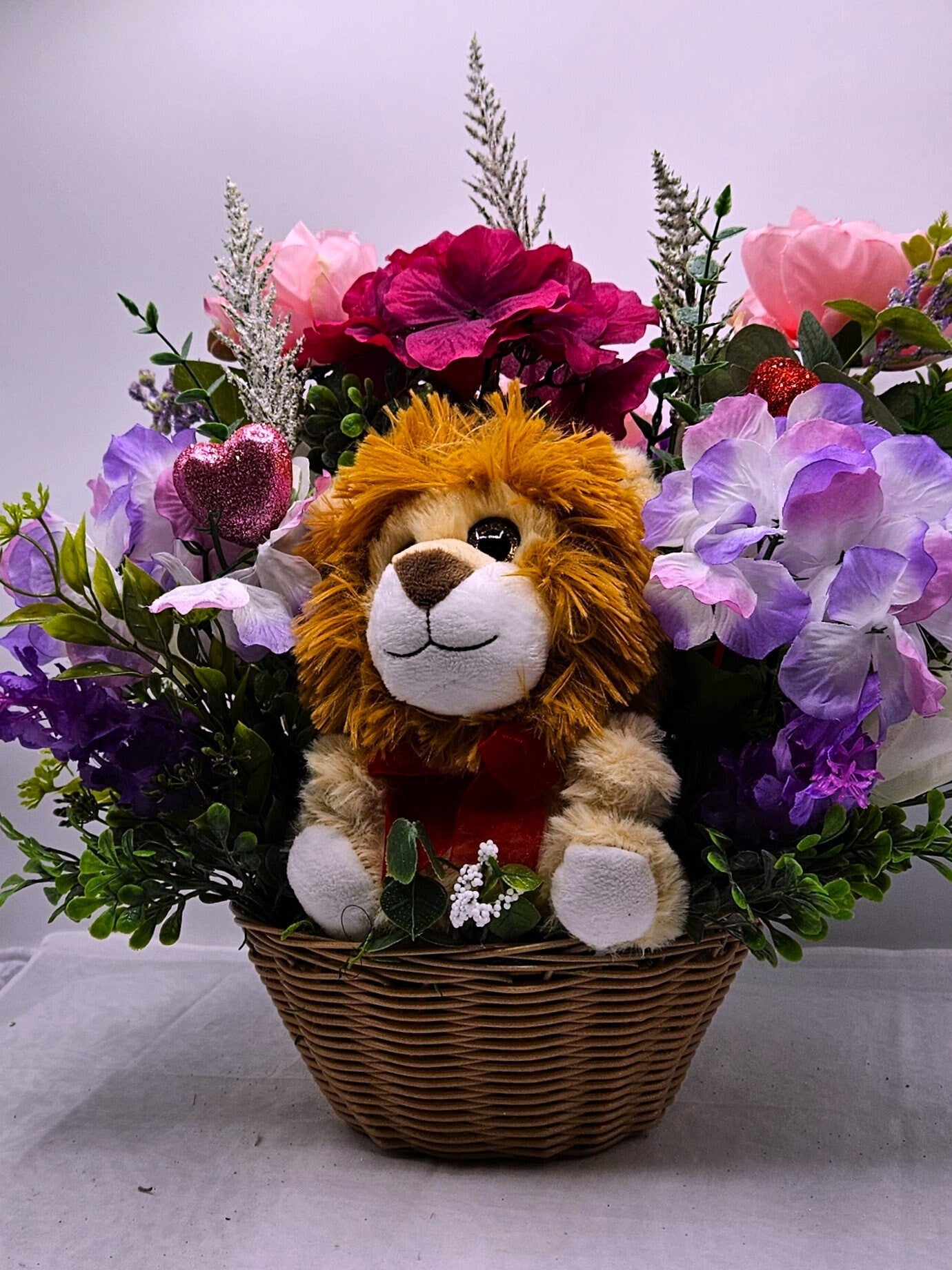 Romantic Lion Love - Cute Lion Romantic Flower Arrangement with Pink and Lilac Flowers, Glittery Hearts, and Cheery Stuffed Lion