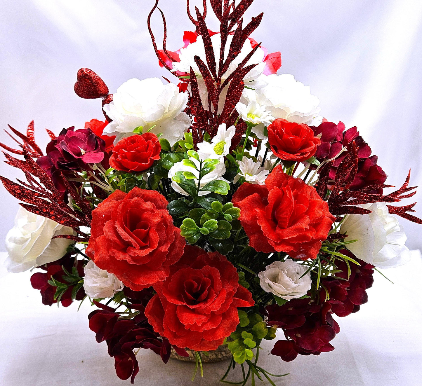 Valentine Floral Heart Garden Decor, Red Roses, White Daisies, Hydrangea, Greenery, Mushroom Birds Accent, Romantic Gift