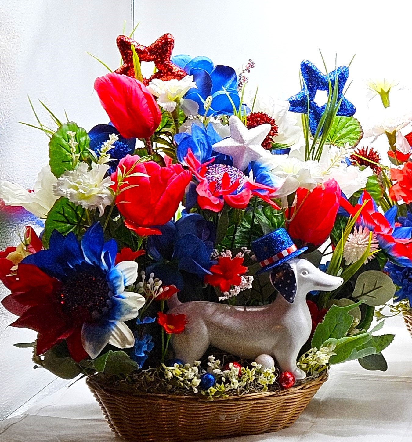 Red White Blue Weiner Dog Flower Arrangement, Patriotic Dachshund Decor, American Hat, God Bless America Gift