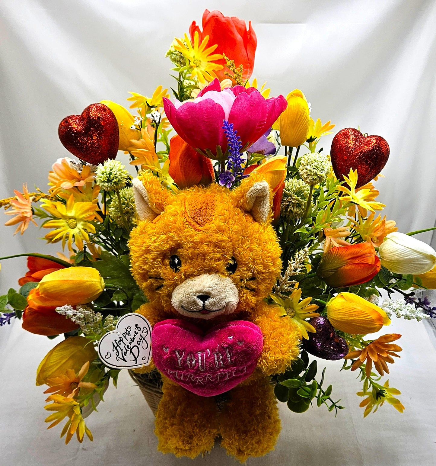 Happy Romantic Kitty with Heart saying "You're Purrfect"sitting in a Wildflower/Tulip Garden, Big Red Hearts/Happy Valentines Day Sign/Gift