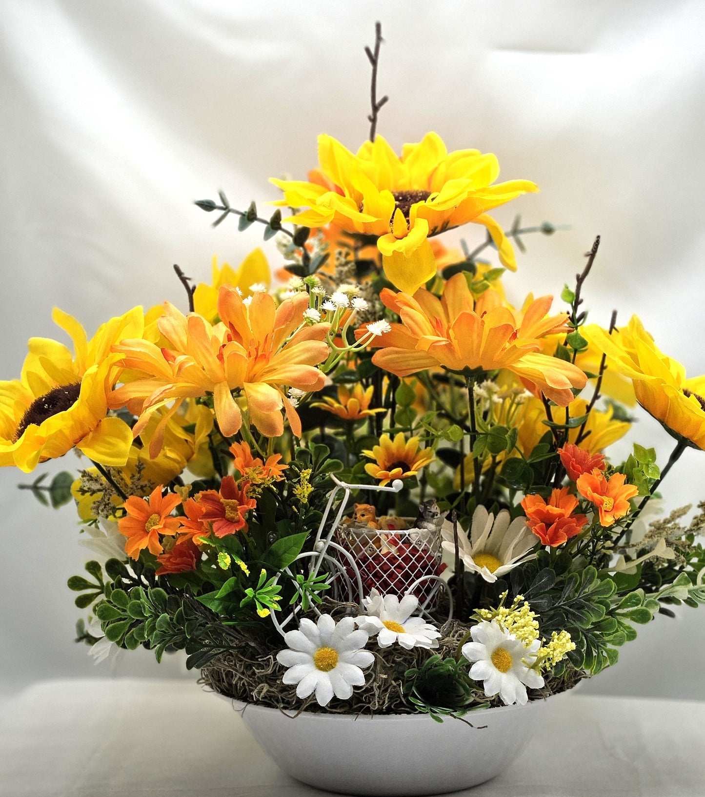 Dog Lovers' Bike Basket with Puppies, Sunflower Wildflower Delight, Whimsical Gift, Housewarming Present
