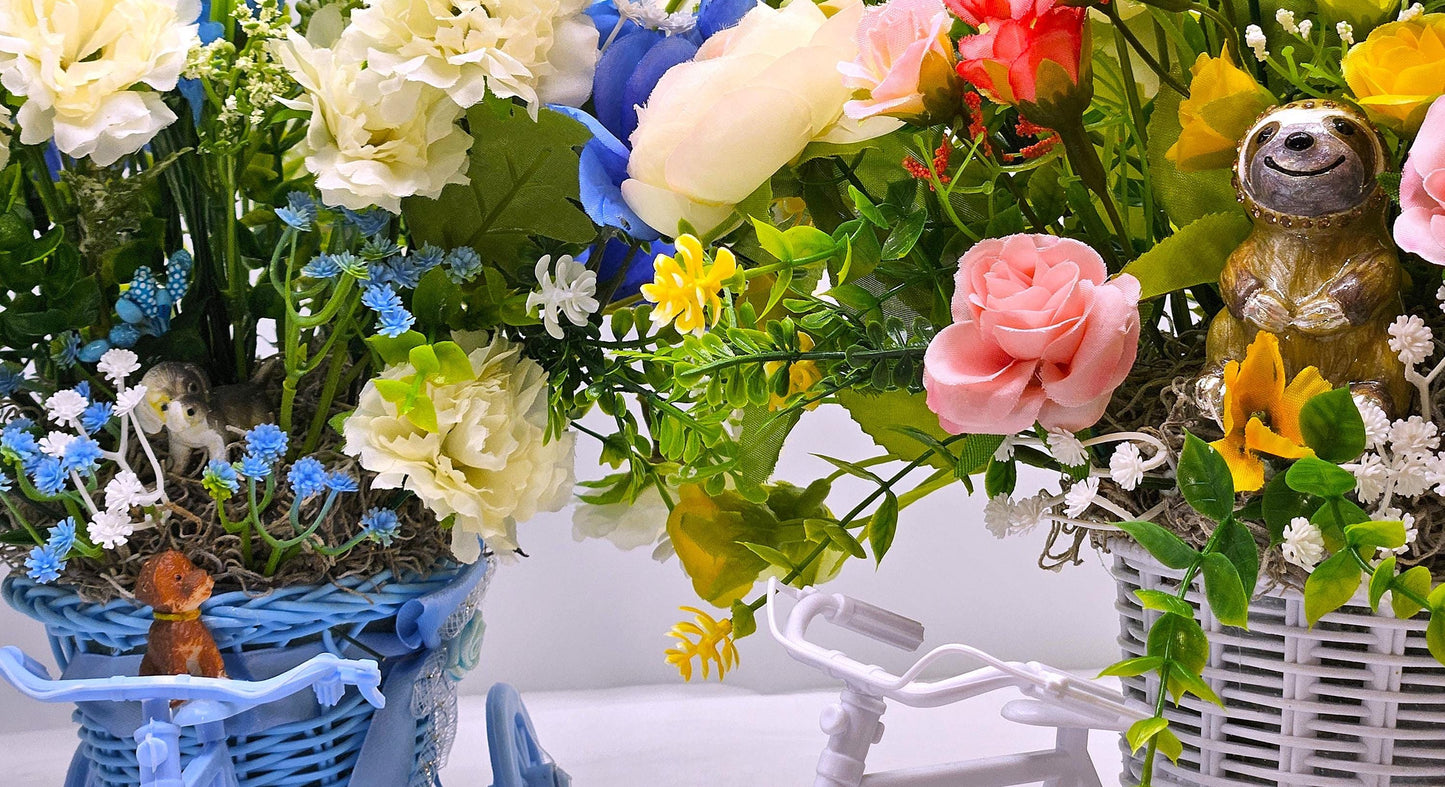 Bike Basket w/Flowers, Centerpiece/Gift/2 Choices/Cheerful Sloth/Cute Puppies/Blue/w White or White w/Pink/Yellow/White/Vibrant Florals