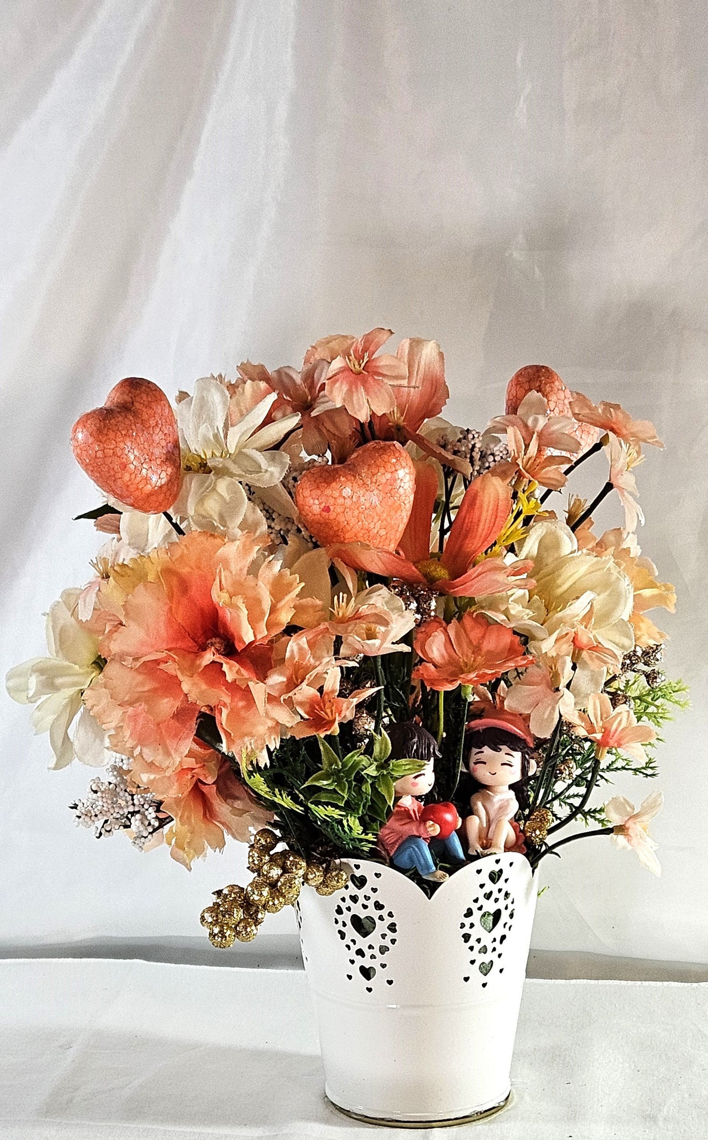Romantic Centerpiece, Peach Flower Arrangement, Sweetheart Couple, Love Flower Arrangement