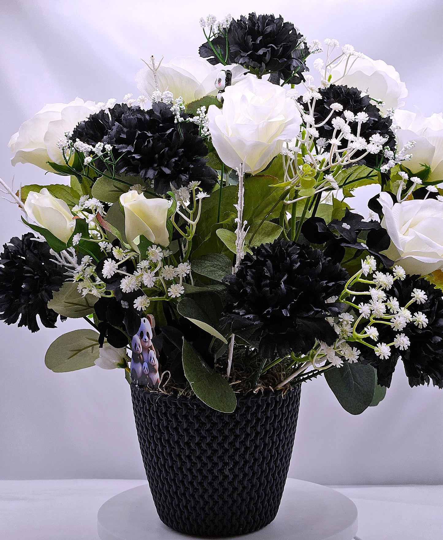 I Love Pandas Flower Arrangement/Black Flower Pot/White Roses/Black Carnations/Panda Bear Accents/Great Gift or Home Decor/Panda Bear Lover