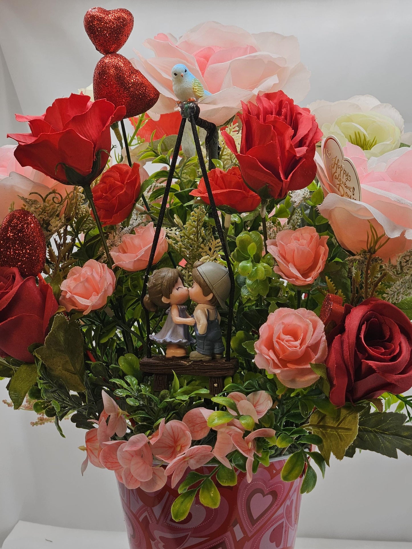 Sweetheart On A Swing Art, Garden Lover's Gift, Pink Rose, Red Rose, Love Expression, Flowers And Hearts
