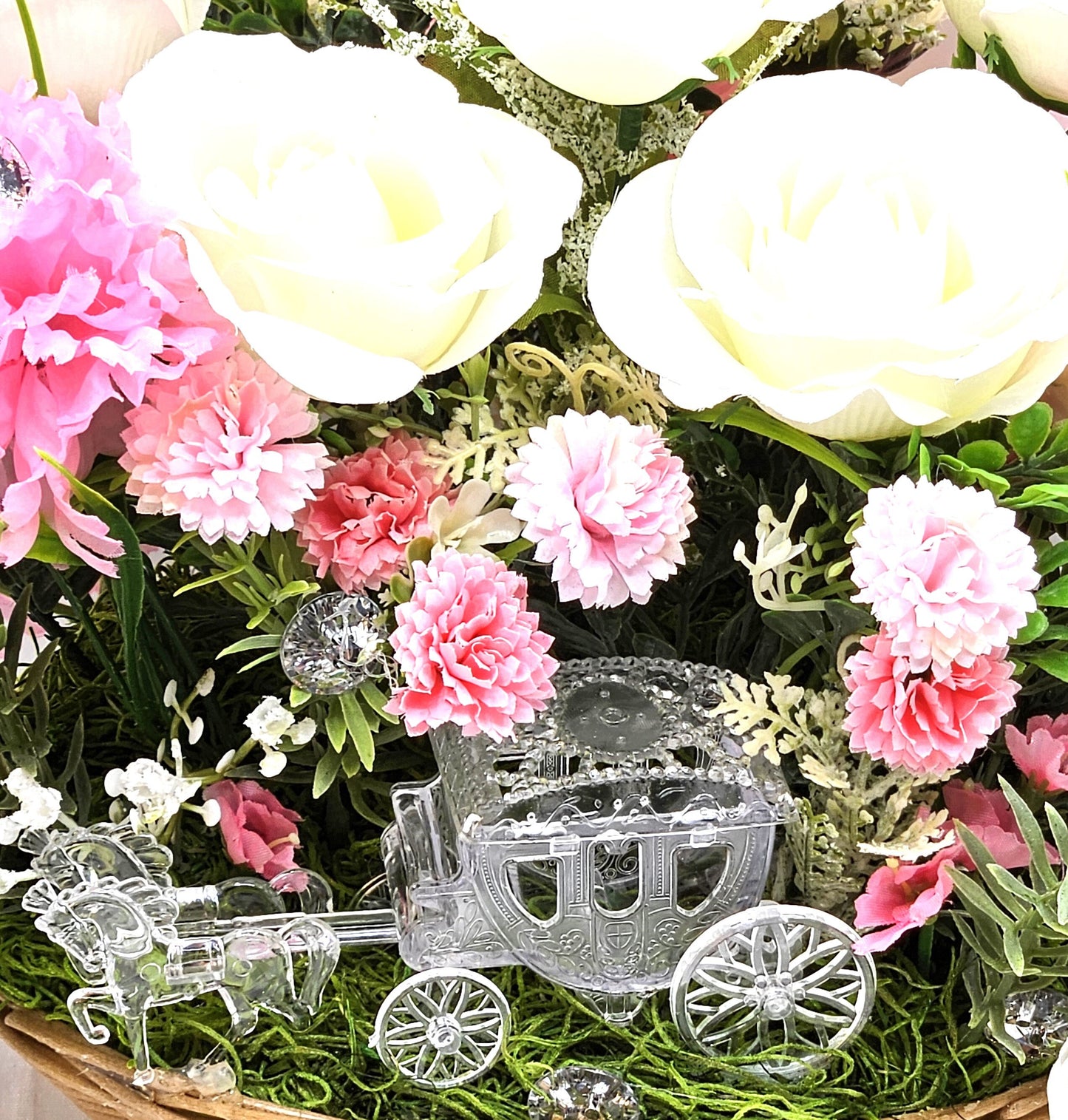 Crystal-Like Horse and Buggy, Princess Carriage, Floral White Roses, Pink Carnations, Sparkle Accents, Bridal Decor