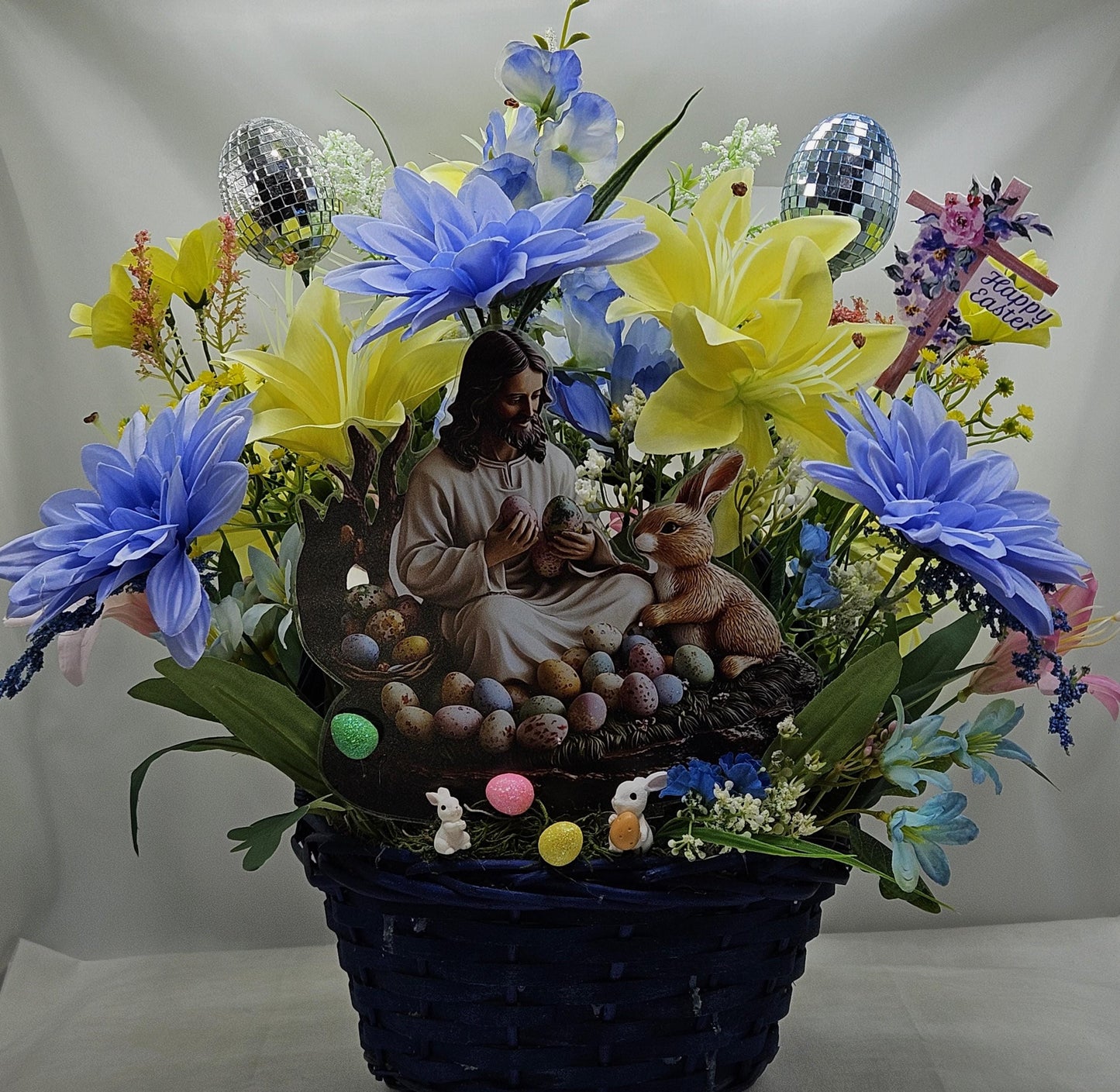 Jesus Sitting with Bunny in Easter Egg Garden and Blue/Yellow Spring Flowers/Other Egg and Bunny Accents, Happy Easter Sign