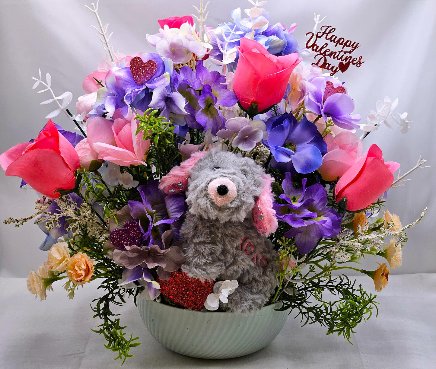 Valentine Romantic Decor, Fluffy Grey Puppy, Pink Roses Magic, Purple Flowers, White Glitter Shine, Gift, Greenery