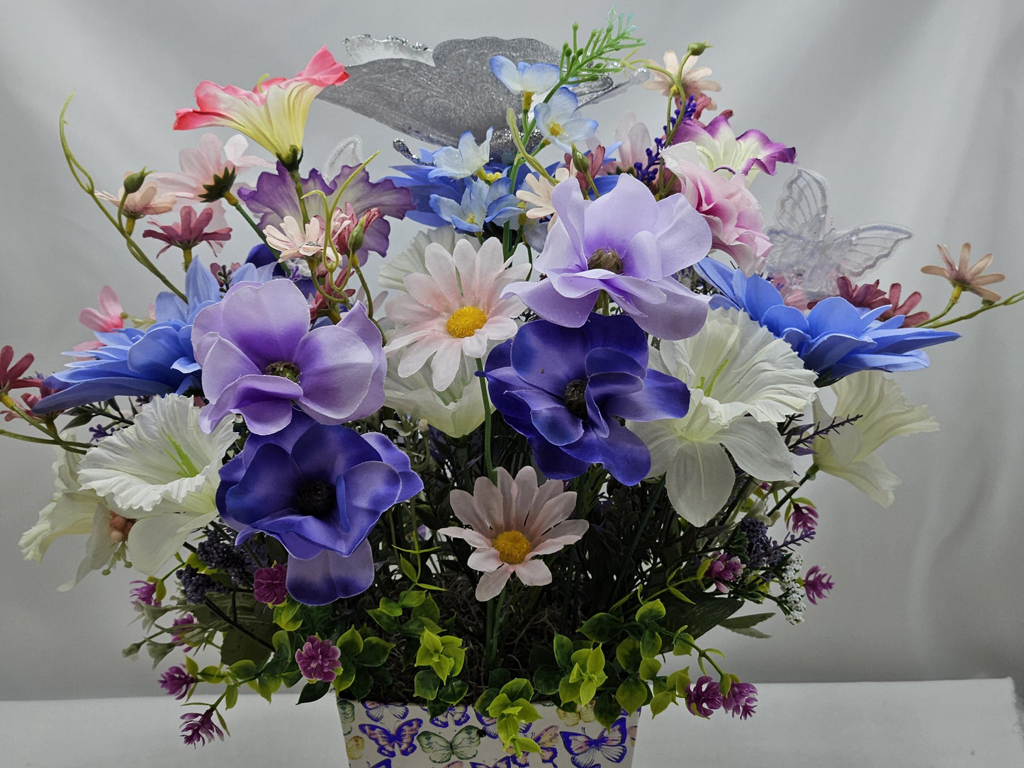 Butterflies and Flowers in a Decorated Box which Features Large Silver Butterfly and Smaller Accents, Butterfly Lover Gift, Butterfly Decor