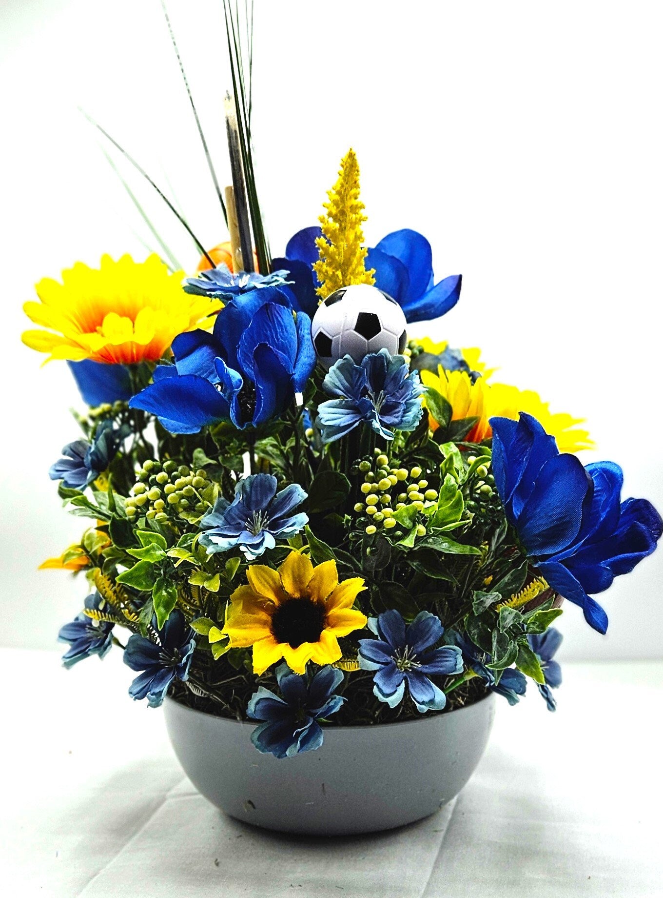 Father's Day Sports Themed Gift - Gray Dish with Wildflowers & Football/Soccer/Basketball - Unique Dad Gift Any Occasion