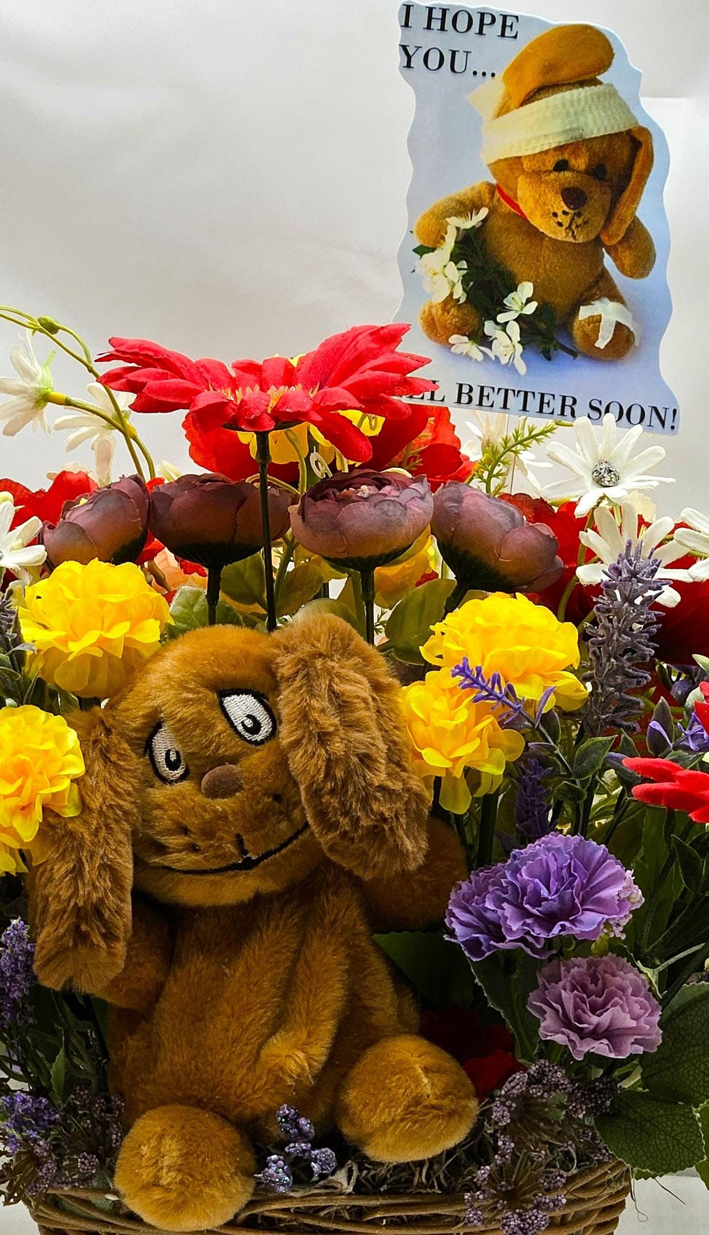 Get Well Floral Centerpiece with Cute Dog/Lift Someones Spirit W/This Charming Gift/Chase Away the Blue sand Make Someone Smile/Colorful