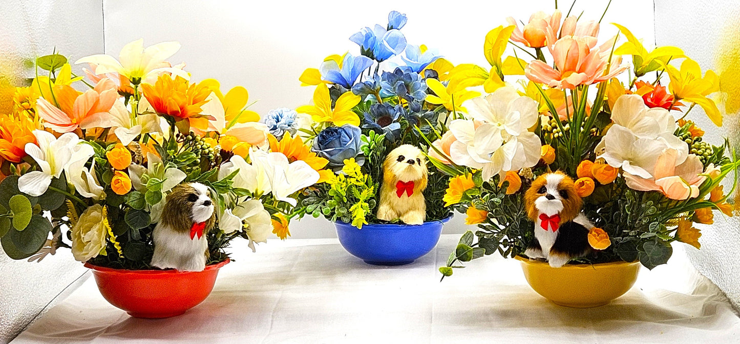 Dog Lover's Flower Centerpiece in Yellow, Orange, or Blue Bowl - Vibrant Spring/Summer Floral Arrangement