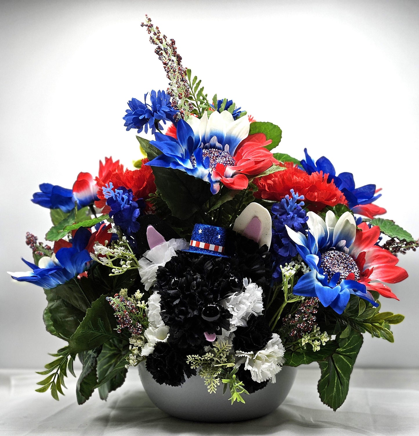 Black and White Silk Carnation Flower Dog Decor, Red/White/Blue Floral Garden, Patriotic Gift, Dog Lover Decor