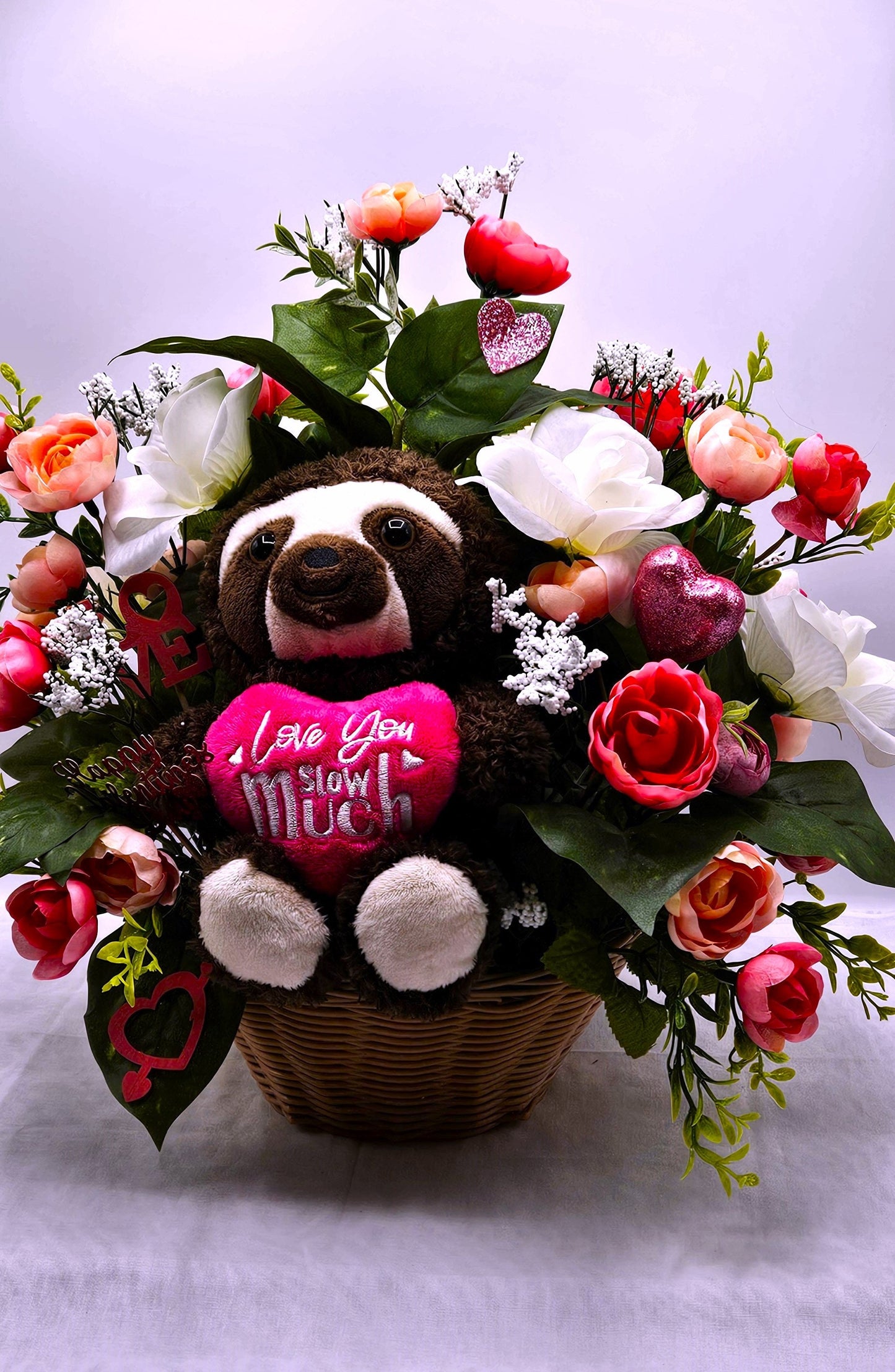 I Love You Slow Much" Sloth Themed Floral Decor, Cute Pink & White Arrangement with Hearts, Perfect Love Gift