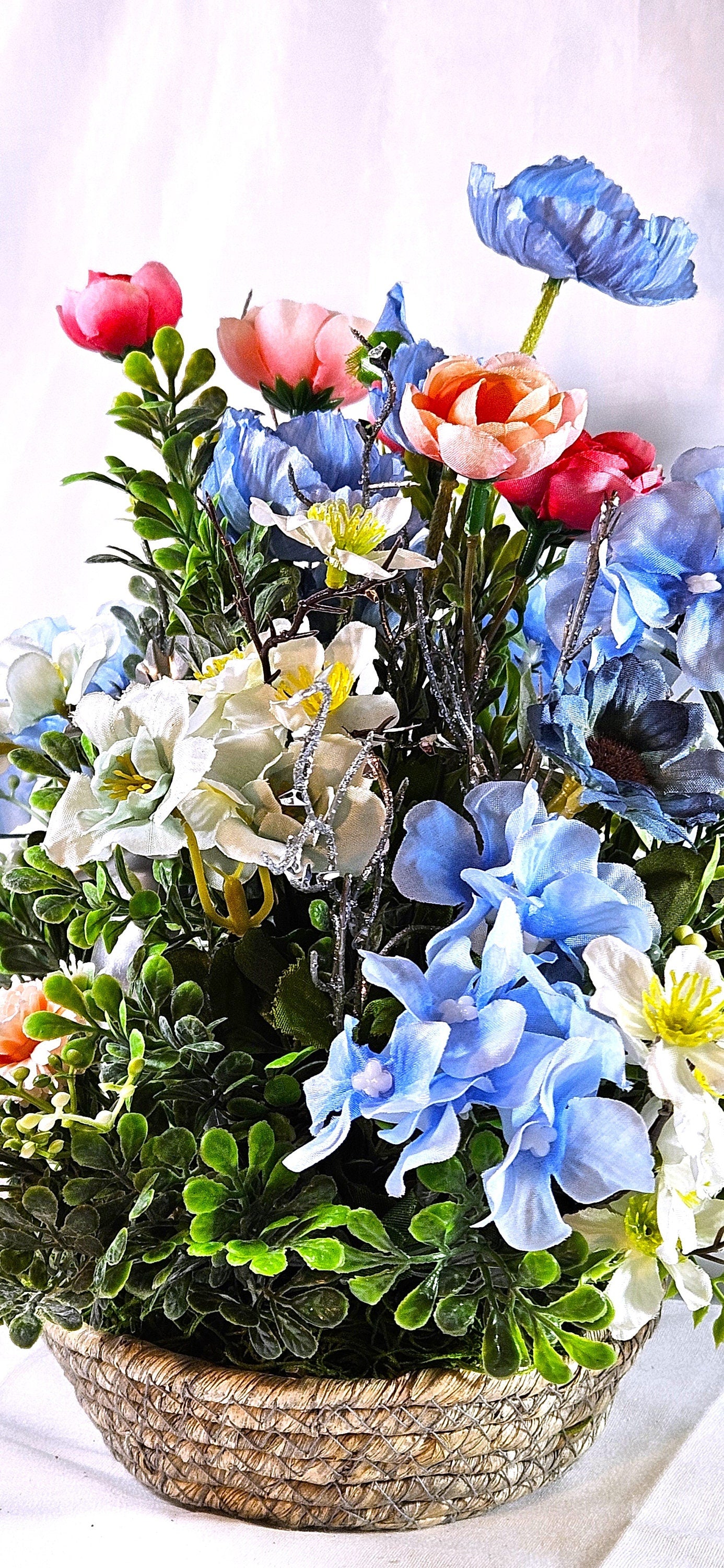 Floral Arrangement with Majestic Deer Amongst Blue/Pink or Orange/Peach Flowers, 2 Deer Options