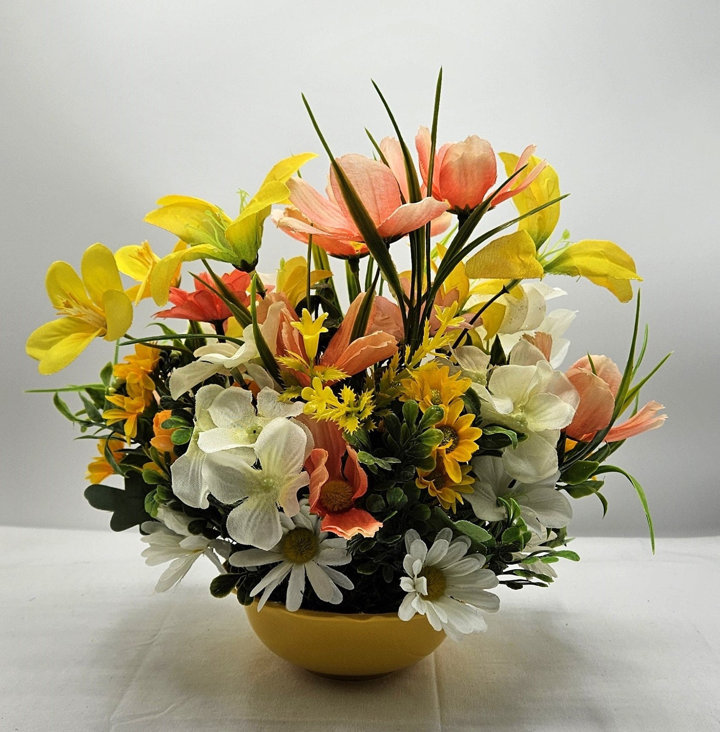 Dog Lover's Flower Centerpiece in Yellow, Orange, or Blue Bowl - Vibrant Spring/Summer Floral Arrangement