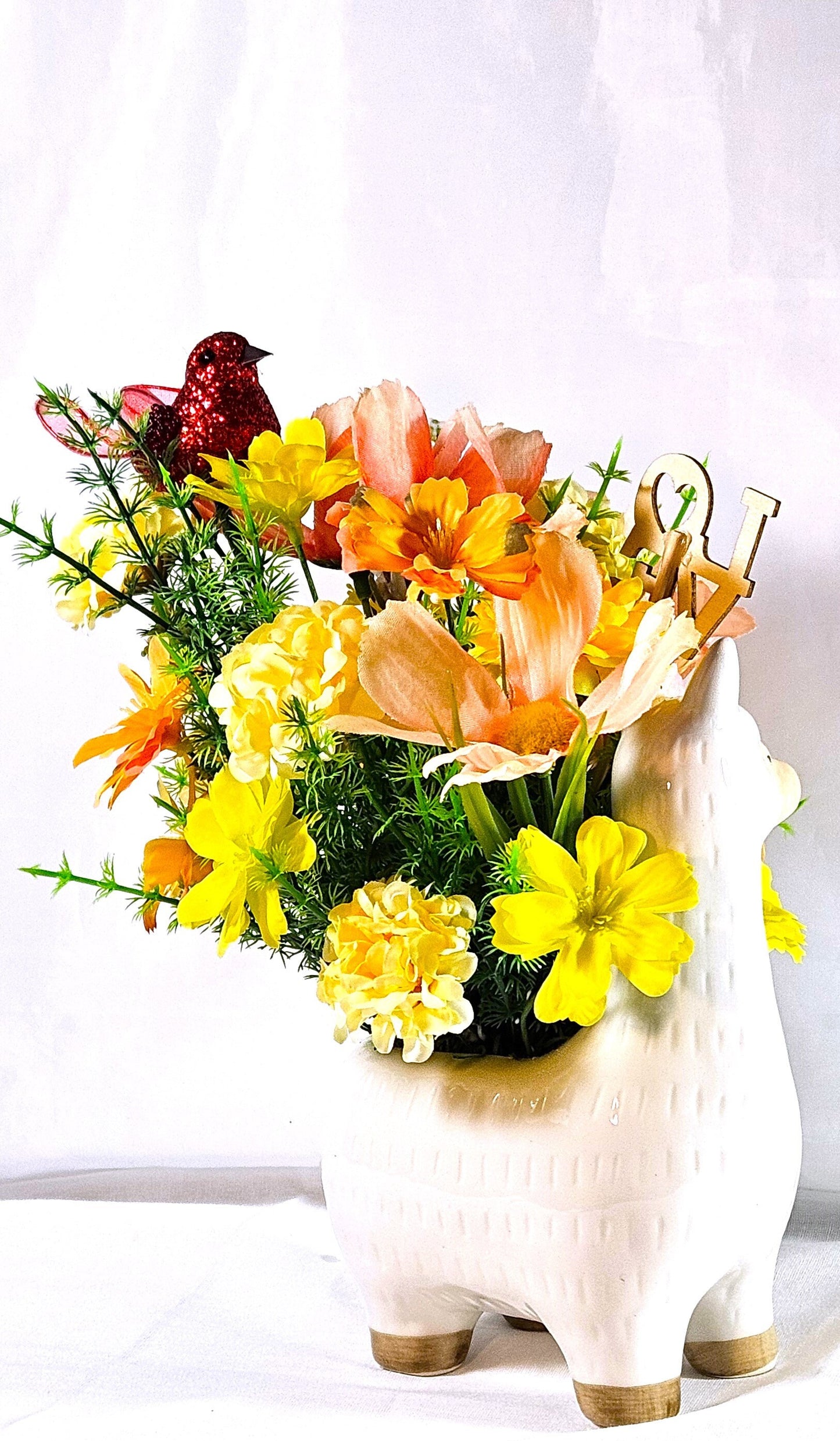 Love Ceramic Llama Arrangement: Peach/Yellow Blooms with Heartfelt Messages & Cute Bird, Perfect for Romantic Gift Occasions