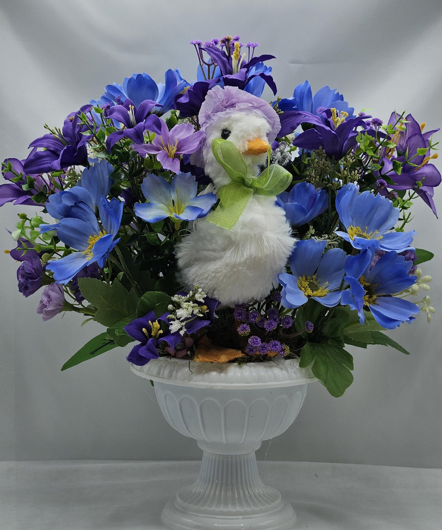 Cheerful or Shy Goose Figure Pedestal Bowl/Twoo Options/Blue/Purple or Pink/White/Lilies, Roses, Other Florals, Greenery, Baby's Breath