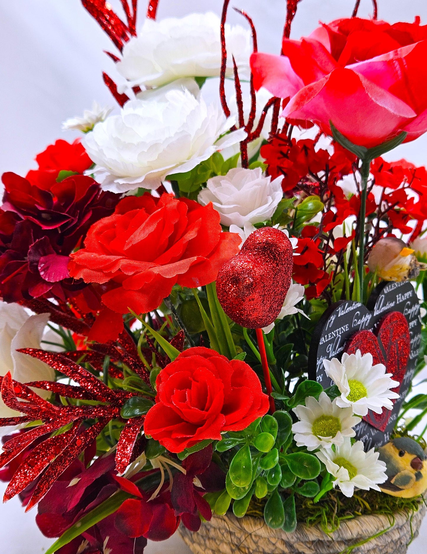 Valentine Floral Heart Garden Decor, Red Roses, White Daisies, Hydrangea, Greenery, Mushroom Birds Accent, Romantic Gift