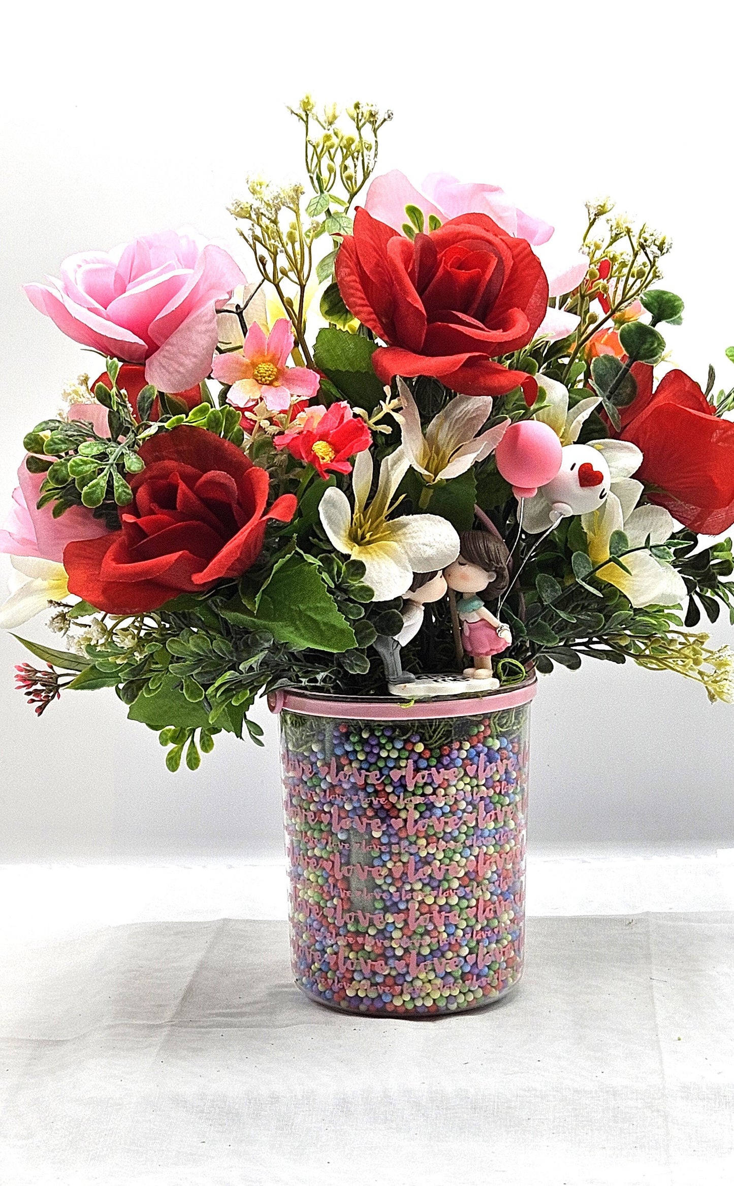 Elegant Kissing Couple Romantic Flower Arrangement for a Touch of Romance, Red/Pink/White Flowers