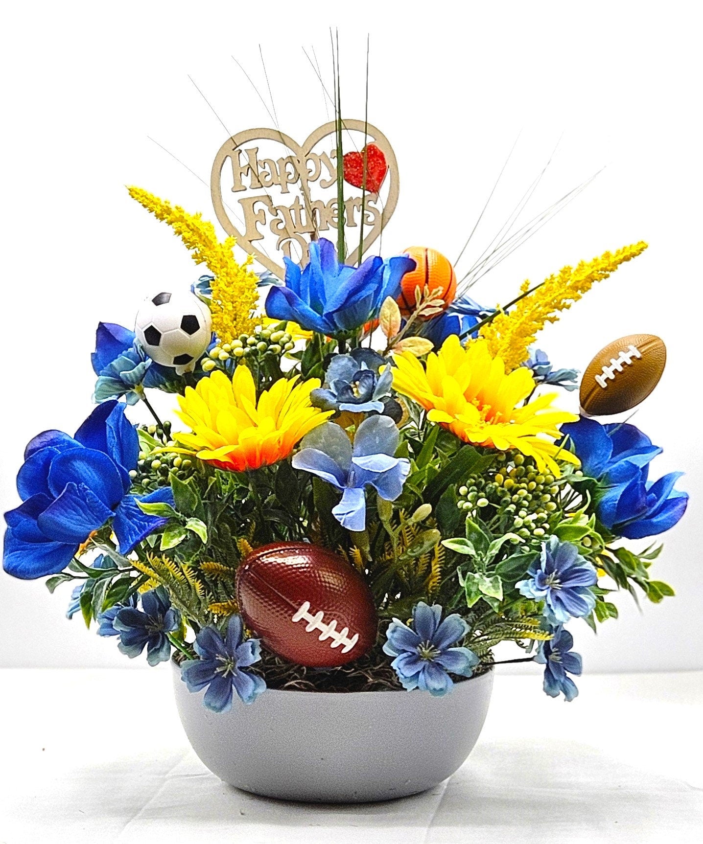 Father's Day Sports Themed Gift - Gray Dish with Wildflowers & Football/Soccer/Basketball - Unique Dad Gift Any Occasion